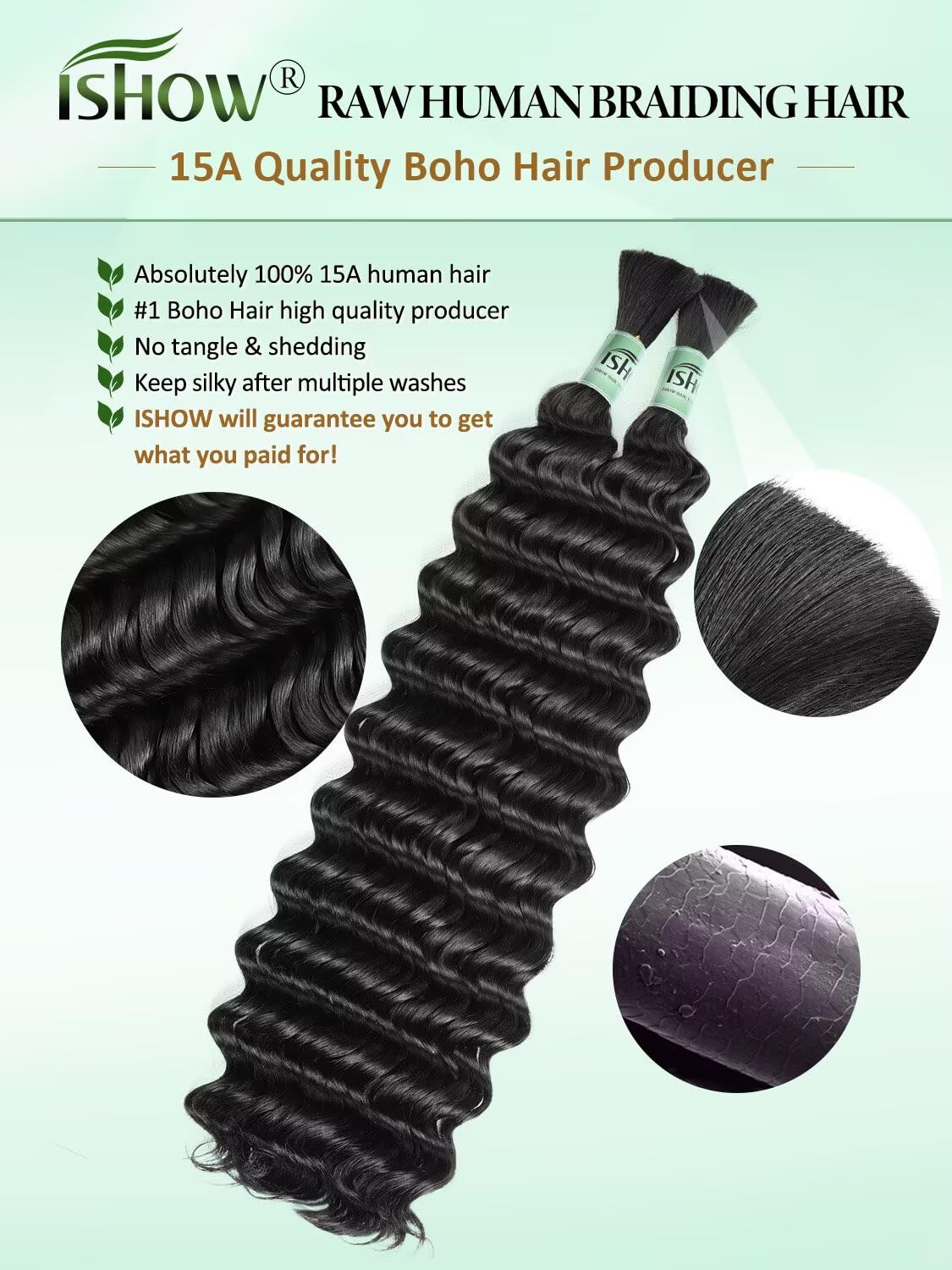 ISHOW Raw Human Braiding Hair, 100% Unprocessed Virgin Human Hair, 15A Deep Wave Boho Hair, 100g 16.01 Inch (2 Packs), NO.1 Premium Quality Boho Hair Producer, Long Lasting, Color 1B