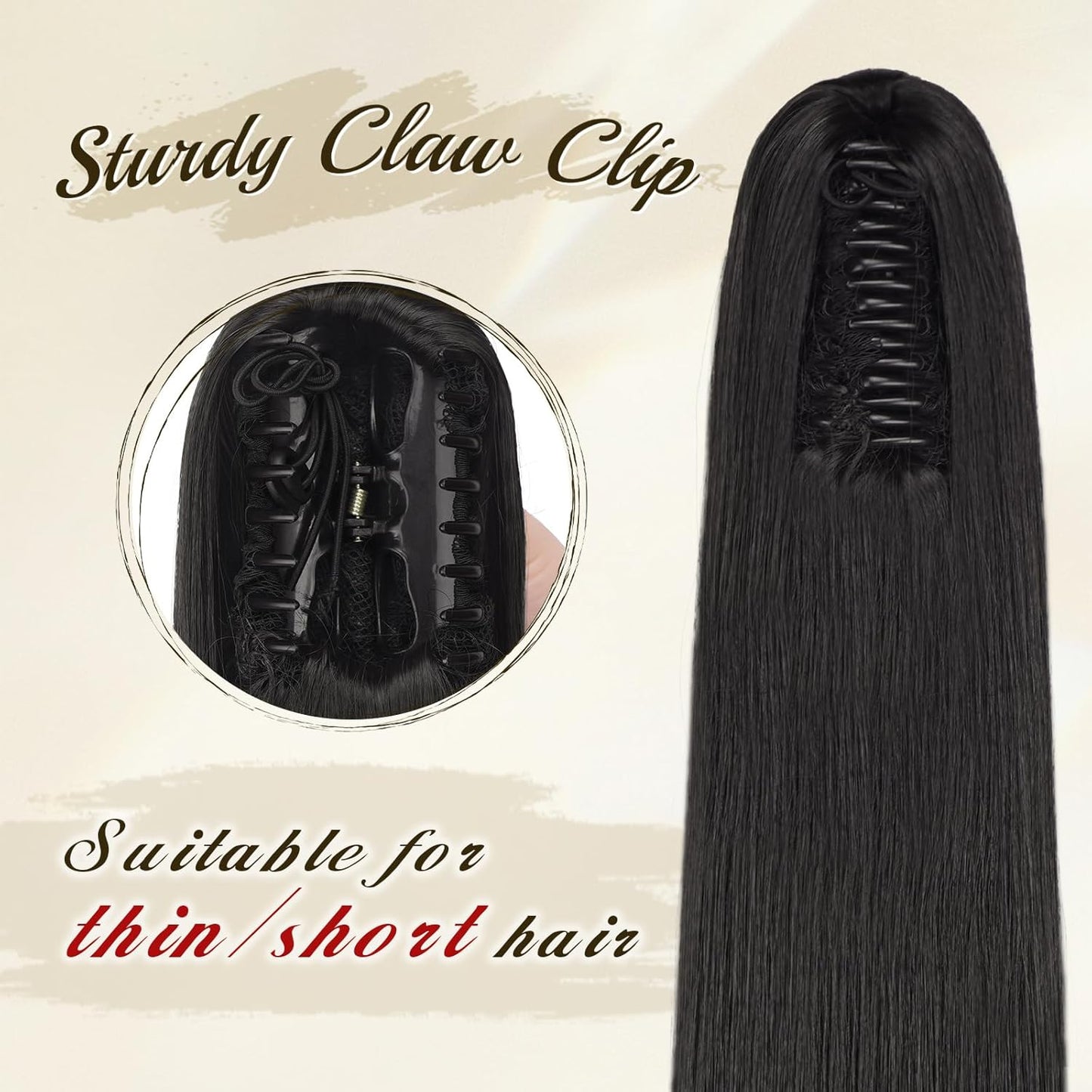 Claw Ponytail Extensions - Long Straight Synthetic Hairpieces for Women | Natural Black, 25 Inch