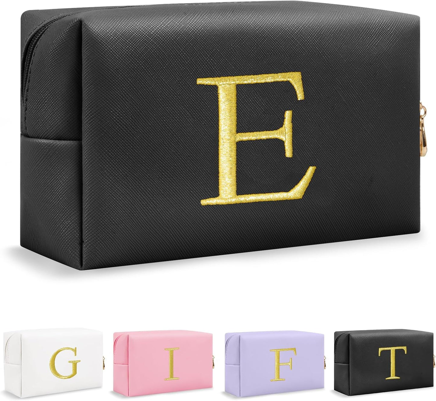 Personalized Initial Makeup Bag - Gold Embroidered Cosmetic Bag for Teens | Custom Travel Toiletry Bag (Black)