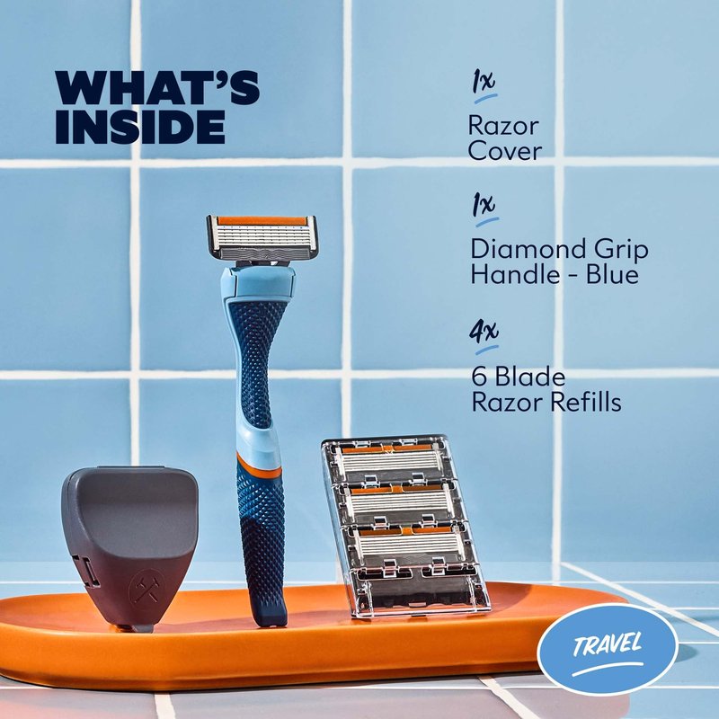 Dollar Shave Club | Travel Shave Set | 4 Extra Close Refill Cartridges, 1 Handle (Blue), 1 Razor Cover