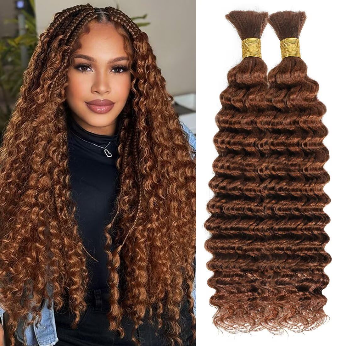 Unprocessed Human Hair for Braiding - #30 Auburn Curly Bulk Hair, 12A Grade, 16 Inch, 150g, 3 Bundles