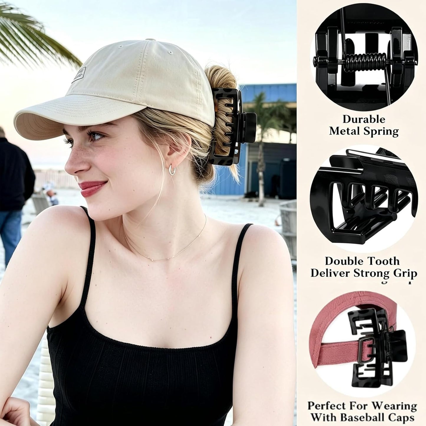 Large Trucker Hat Claw Clips for Women - 4 PCS Non-Slip Hair Clips for Baseball Caps | 4.1 Inch Durable Design
