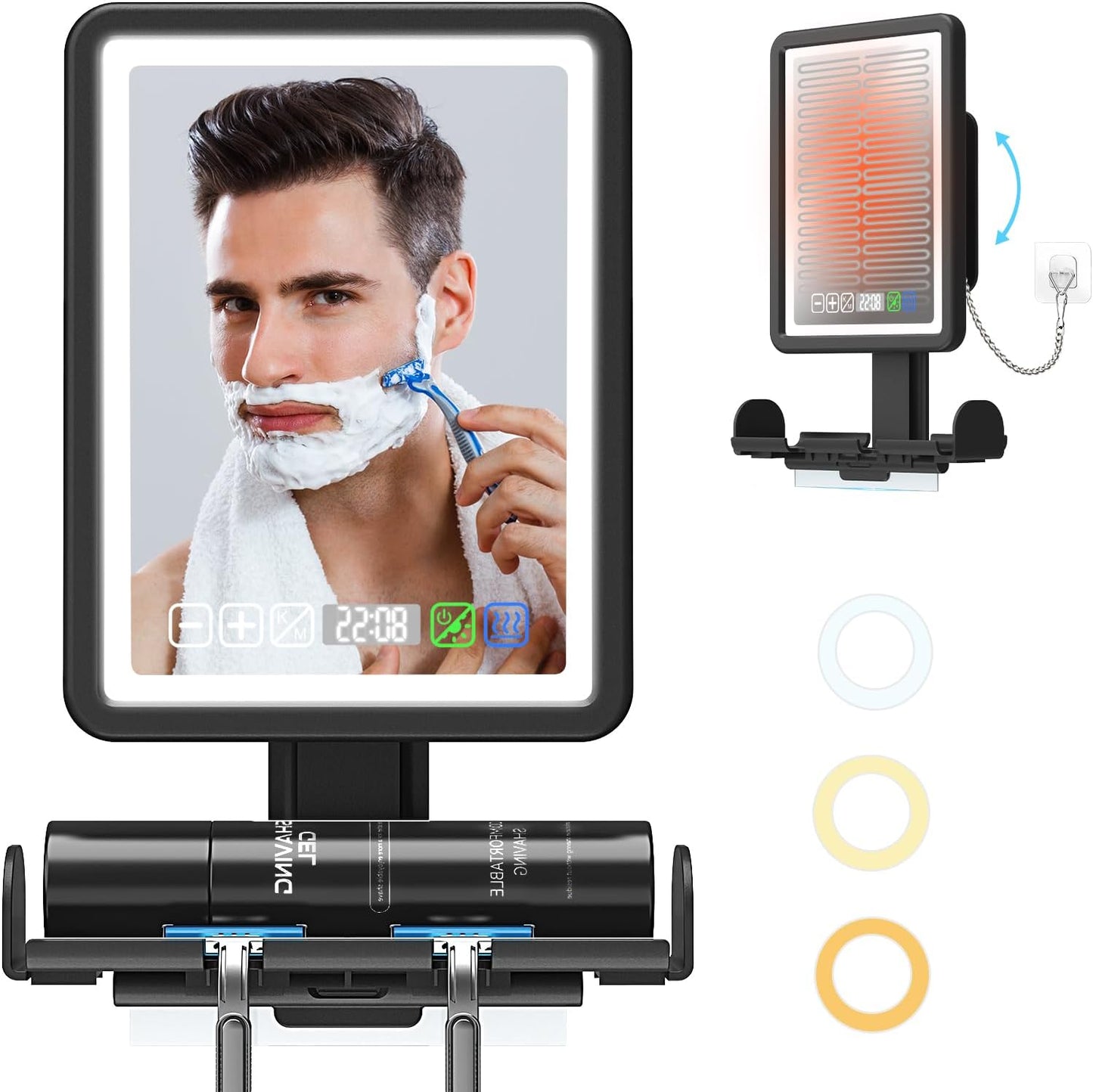 Fogless Shower Mirror for Shaving - LED Heated Rechargeable with Digital Clock & Storage Tray | Dimmable Touch Screen, 3 Color Lighting