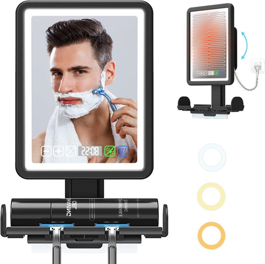 Fogless Shower Mirror for Shaving - LED Heated Rechargeable with Digital Clock & Storage Tray | Dimmable Touch Screen, 3 Color Lighting