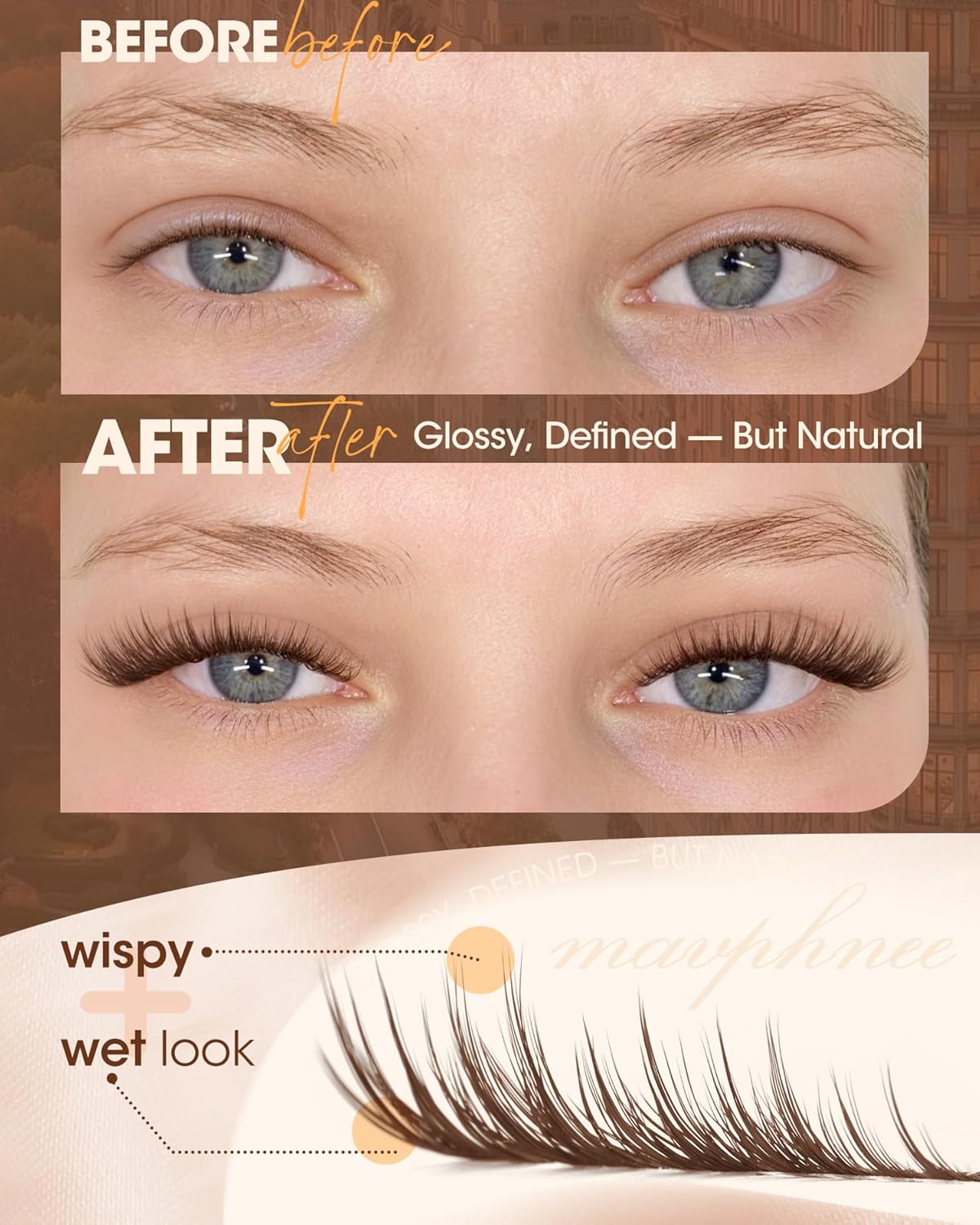 Brown Lash Clusters - Wispy Wet Set Eyelash Extensions 8-14MM | Doll-Like C Curve & Soft Brown Band, 189Pcs Individual Lashes