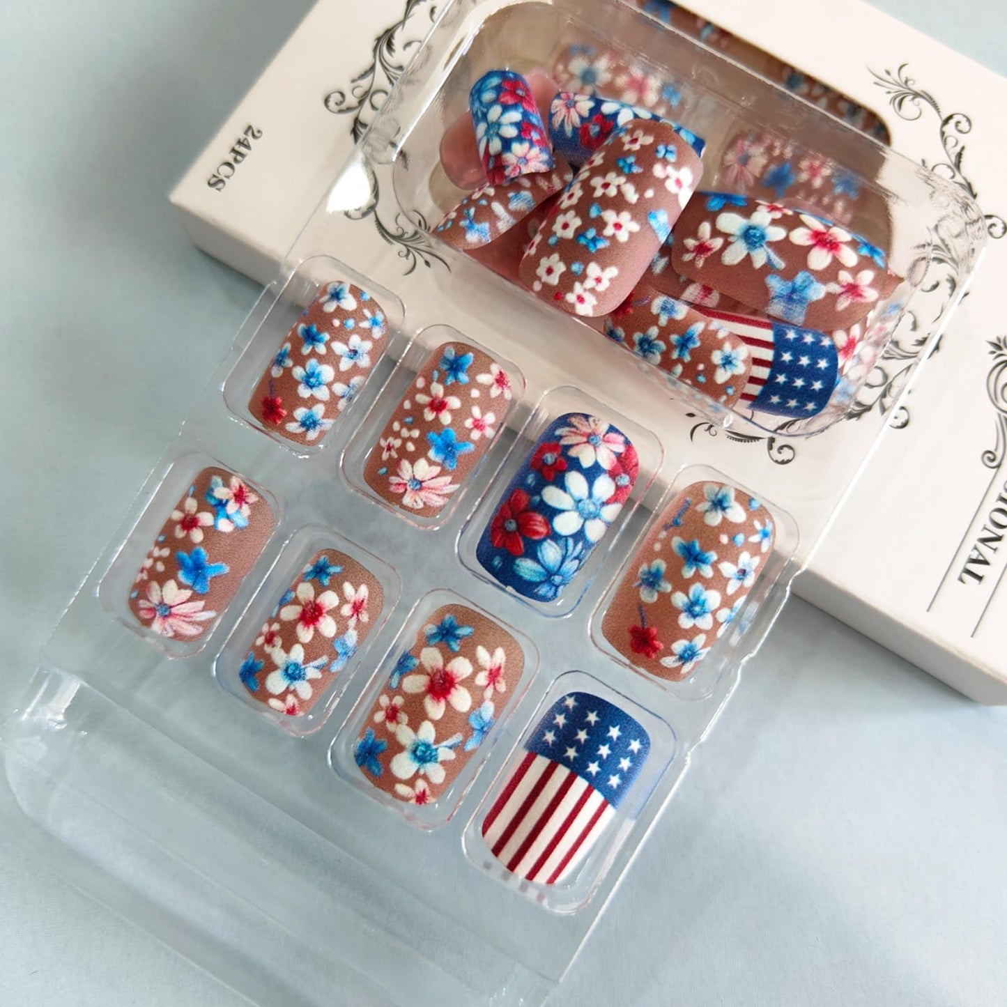 4th of July Press on Nails Medium Square Fake Nails Red Blue Flowers Design Matte Glue on Nails American Flag False Nails Independence Day Stick on Nails for Women Girls 24Pcs