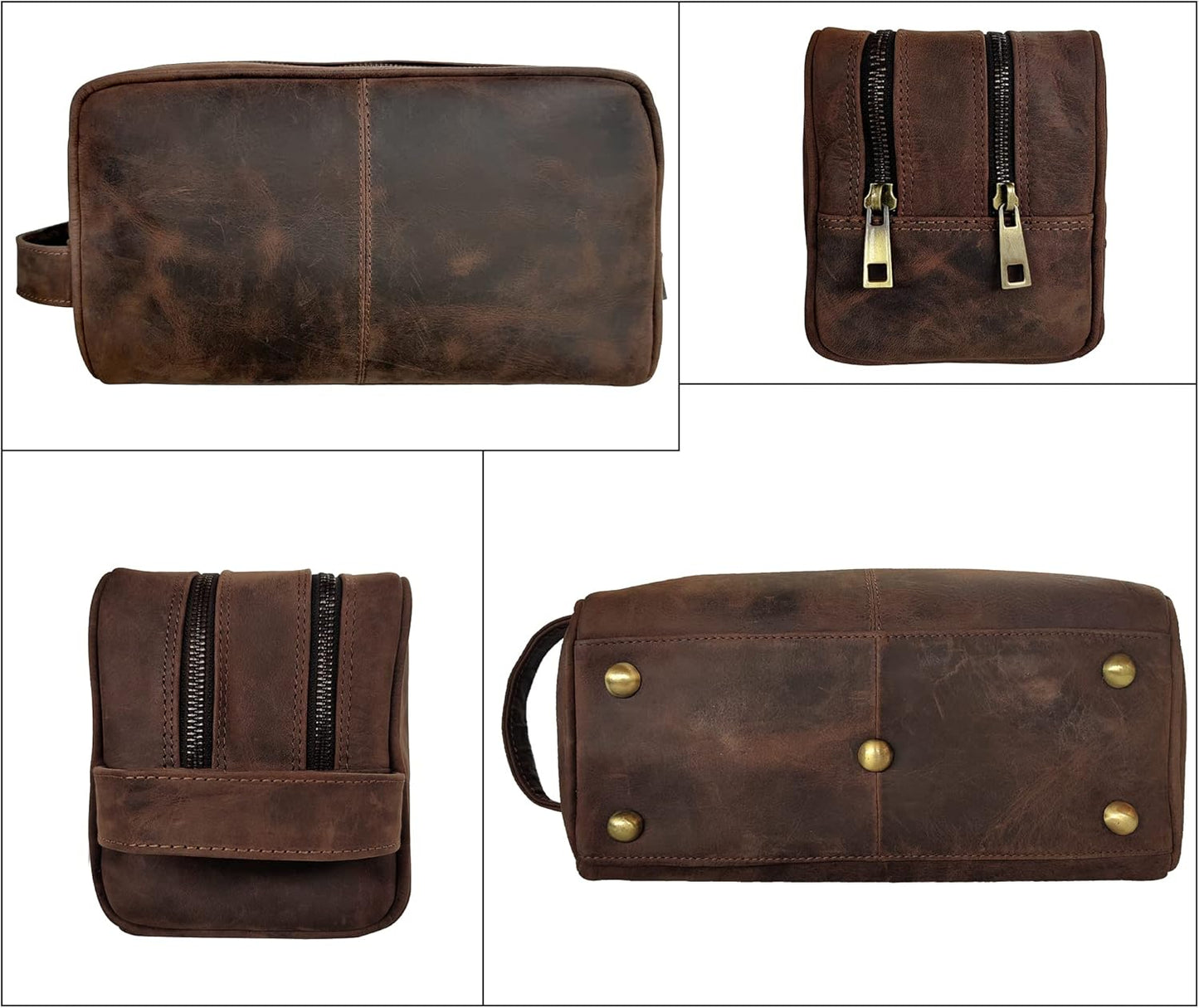 Full Grain Leather Travel Toiletry Bag - Rustic Town Cosmetic Organizer | Dark Brown