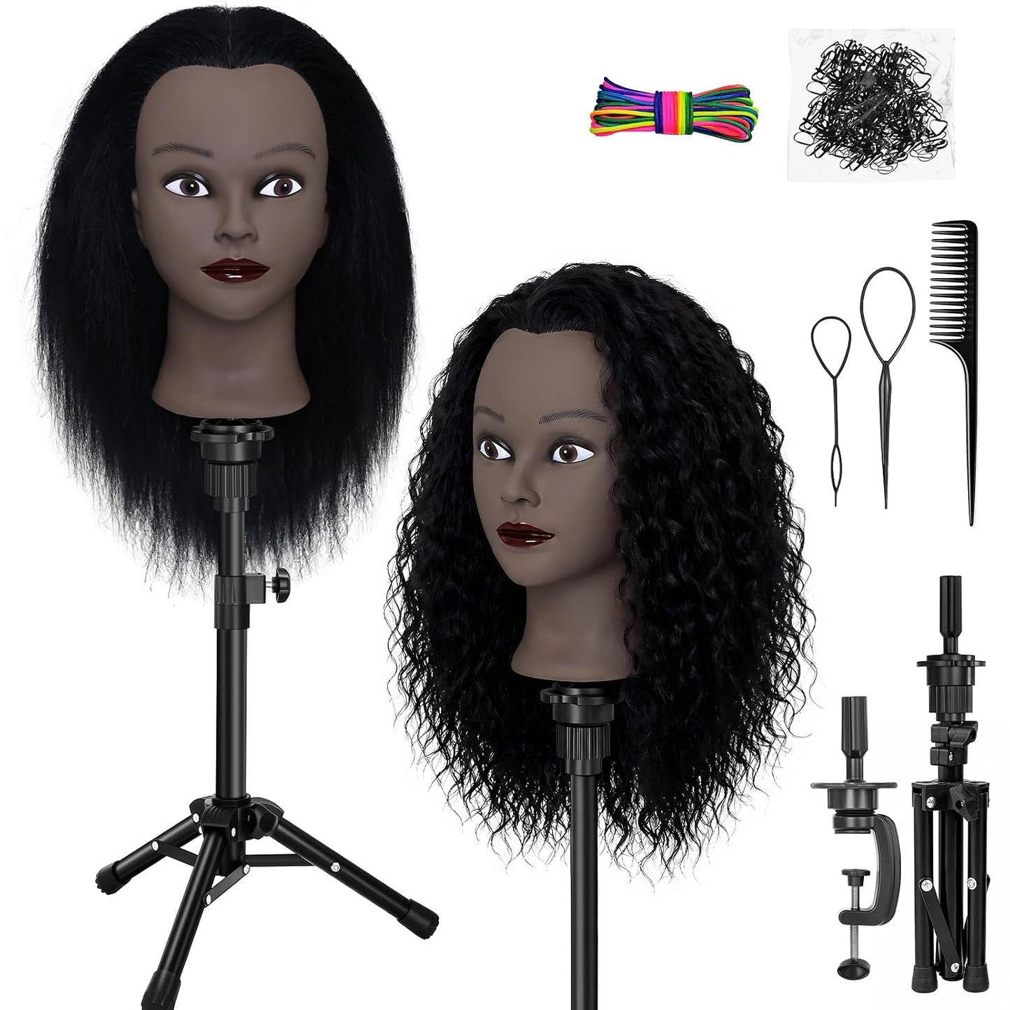 Afro Mannequin Head - 20” Human Hair Cosmetology Doll with Tripod Stand | Ideal for Hairdresser Practice & Braiding