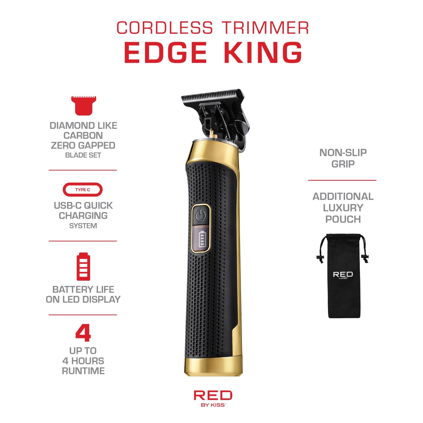 Red by Kiss Edge King Cordless Trimmer, Zero-Gapped DLC Blade for Precision Detailing, USB-C Quick Charge, Up to 4 Hours Runtime, Luxury Pouch, Blades Cover & Cleaning Supplies Included