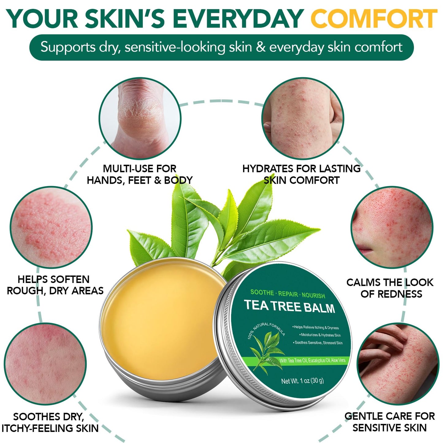 bnHUlMXw Tea Tree Oil Balm,Tea Tree Oil for Skin,Dry Itchy Skin & Rash Relief, Athlete’s Foot & Dry Feet Itching, Jock Itch, Chafing, Bug Bites,Natural Formula,Effective & Safe for All Ages