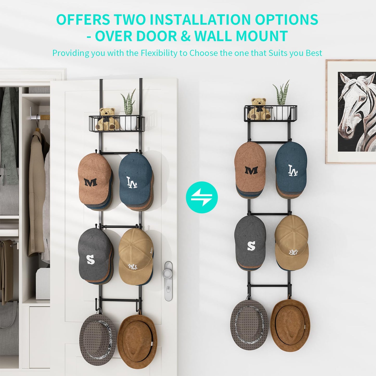 HapiRm Over Door Hat Rack - Wall Mounted Hat Organizer with 6 Hooks and Metal Basket Design, Baseball Cap Organizer Storage Holder Up to 32 Caps for Door, Bedroom, Closet (Black)