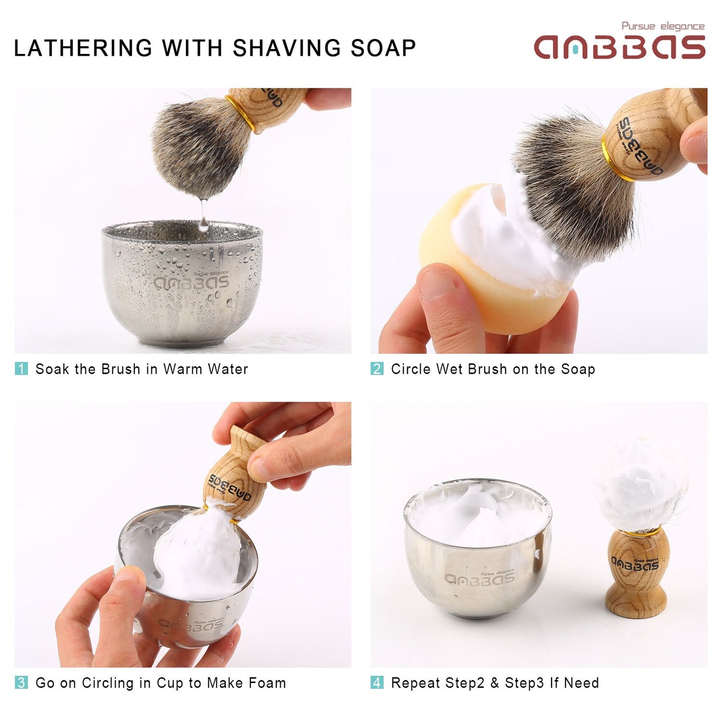 Anbbas Pure Badger Hair Shaving Brush Solid Manchurian Ash Wood Handle,Black Broken-Resistant Acrylic Shaving Stand,Stainless Steel Shaving Bowl Dia 3.2 inch and Goat Milk Soap 100g 4IN1 Set for Men
