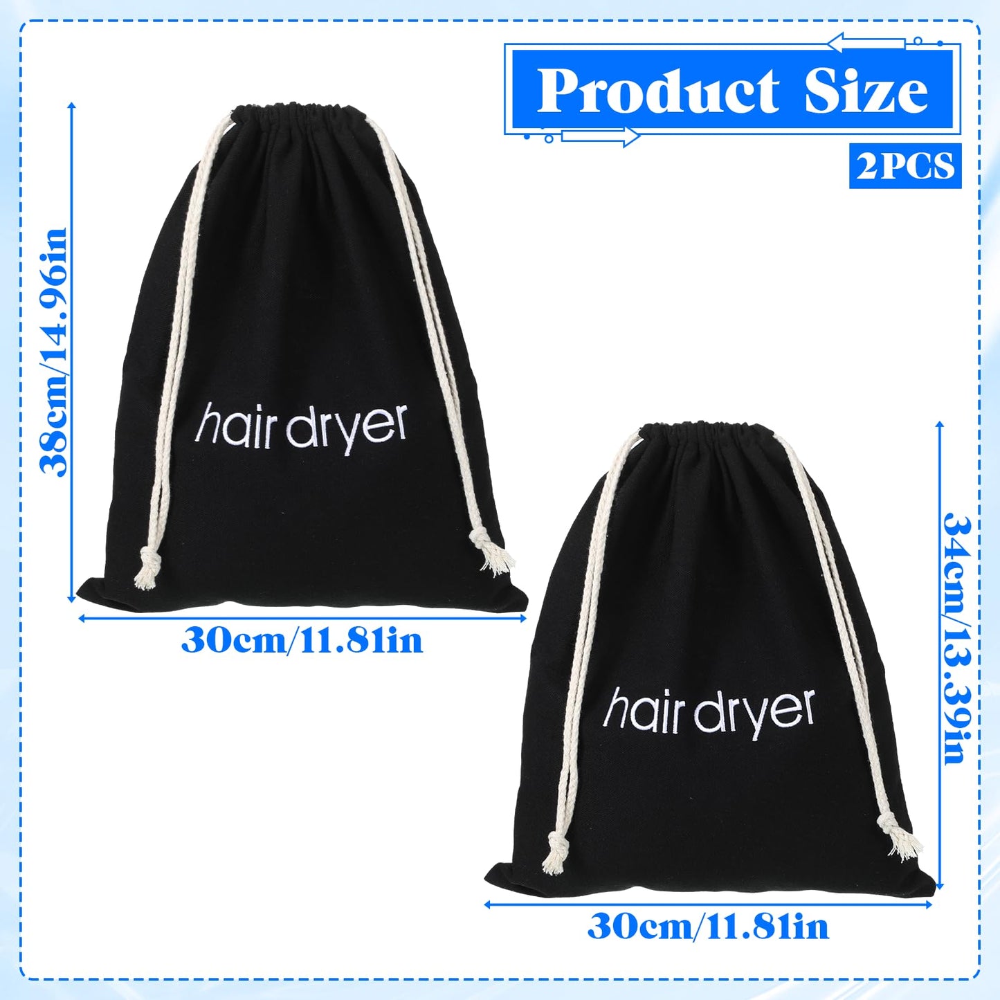 2 PCS Hair Dryer Bags, Drawstring Blow Dry Bag Organizer, Hairdryer Dust Storage Bags for Travel Bathroom (Black)