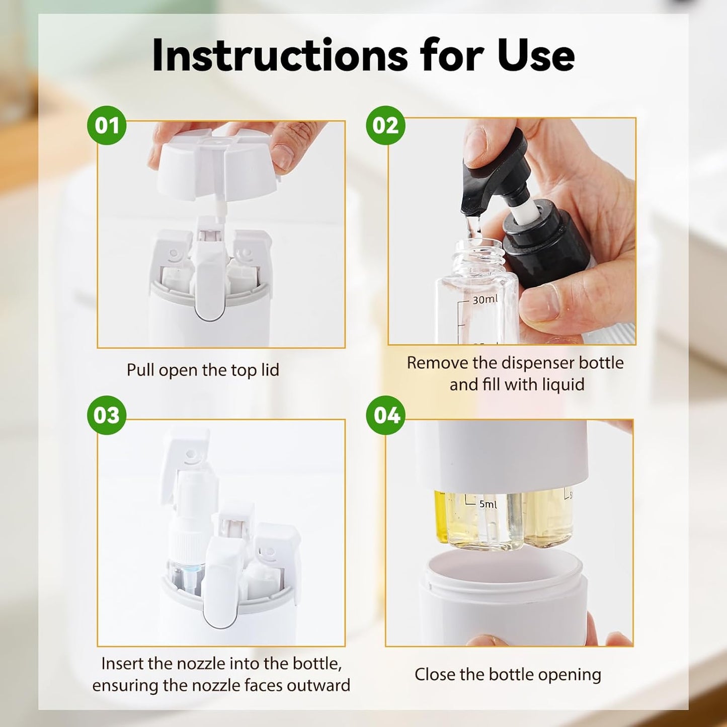 Travel Shampoo and Conditioner Dispenser - 4 in 1 Refillable Leak-Proof Toiletry Bottles | 120ML White