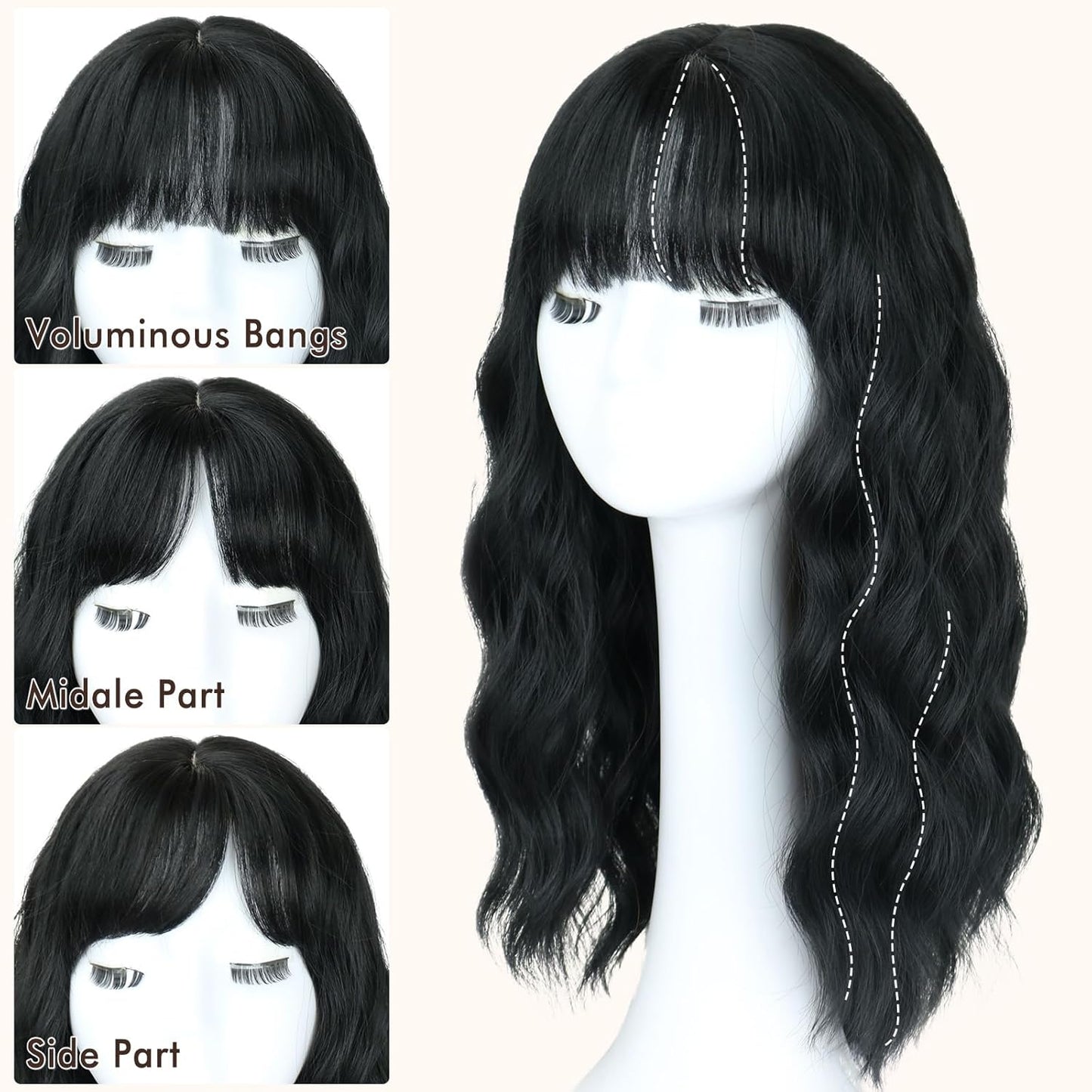 Long Wavy Black Wig for Women - 20-Inch Shoulder-Length Synthetic Hair with Bangs | Heat Resistant
