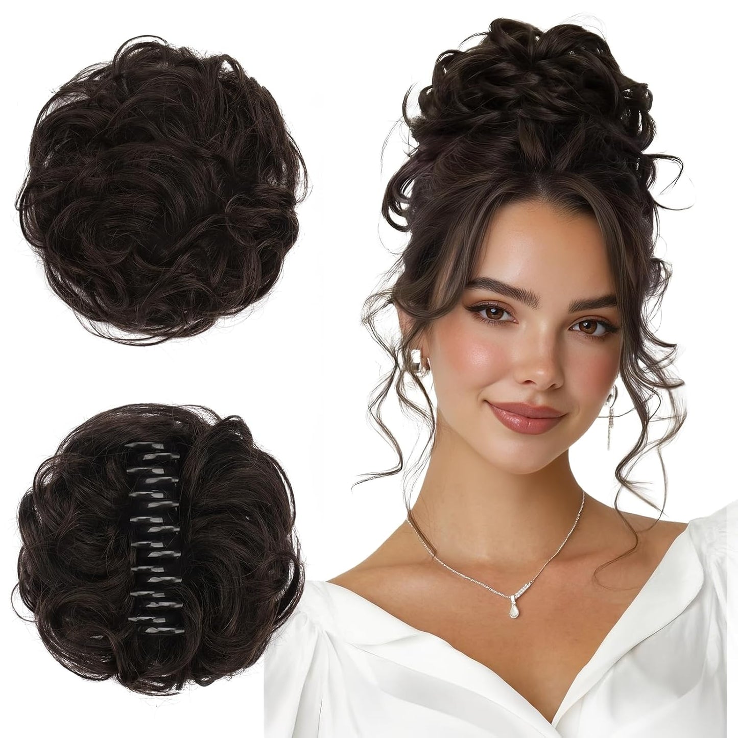 Human Hair Bun Clip | 100% Real Wavy Curly Chignon Hair Piece - Light Brown & Blonde Mix