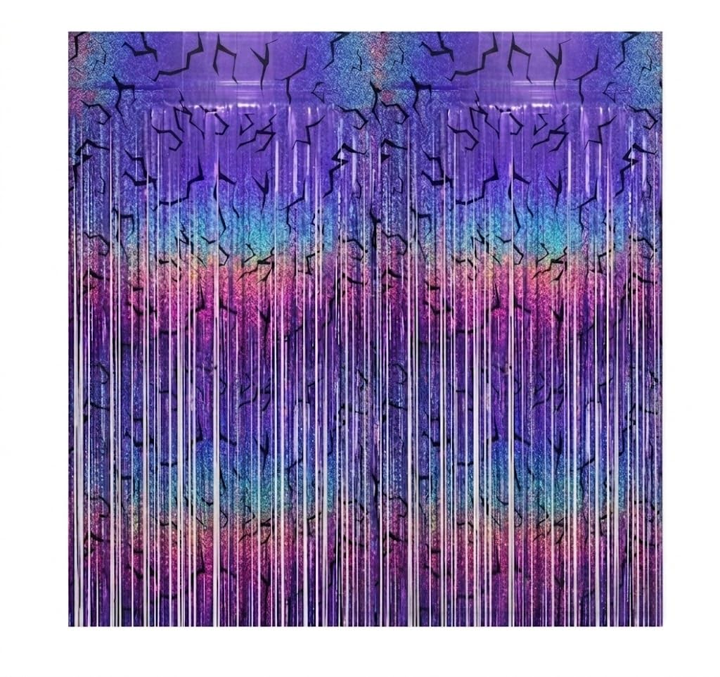 2-Pack Purple K-Style Demon Energy Pattern Backdrop, Music Party Favors, Shimmery Laser Foil Curtains, 6.6FT Holographic Lightning Tinsel, Party Decorations for Fans, Girls Birthday Party Decor
