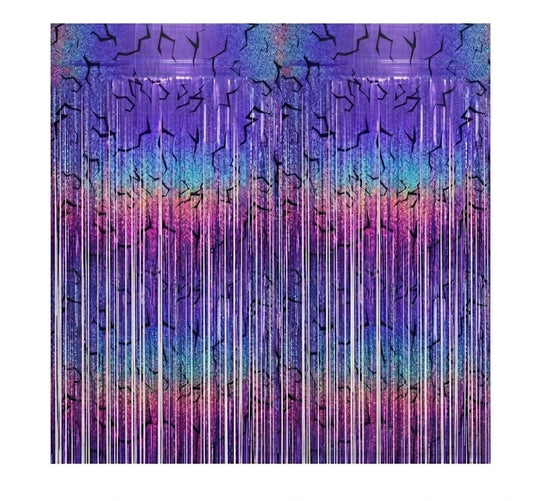 2-Pack Purple K-Style Demon Energy Pattern Backdrop, Music Party Favors, Shimmery Laser Foil Curtains, 6.6FT Holographic Lightning Tinsel, Party Decorations for Fans, Girls Birthday Party Decor