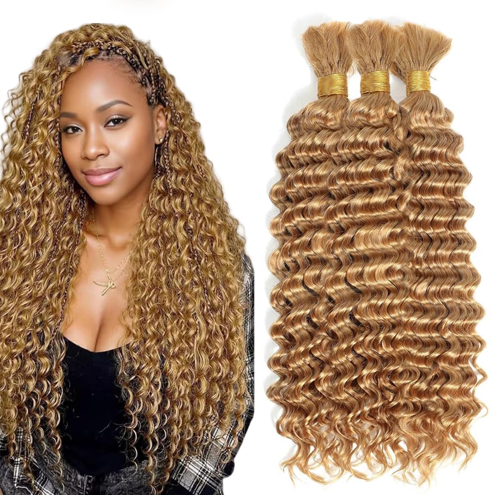 #27 Blonde Human Braiding Hair for Boho Braids 20 20 20 Inch Honey Blonde Deep Wave Bulk Human Hair Knotless Boho Braiding Curly Virgin Hair Extensions 150g 3 Bundles/Pack