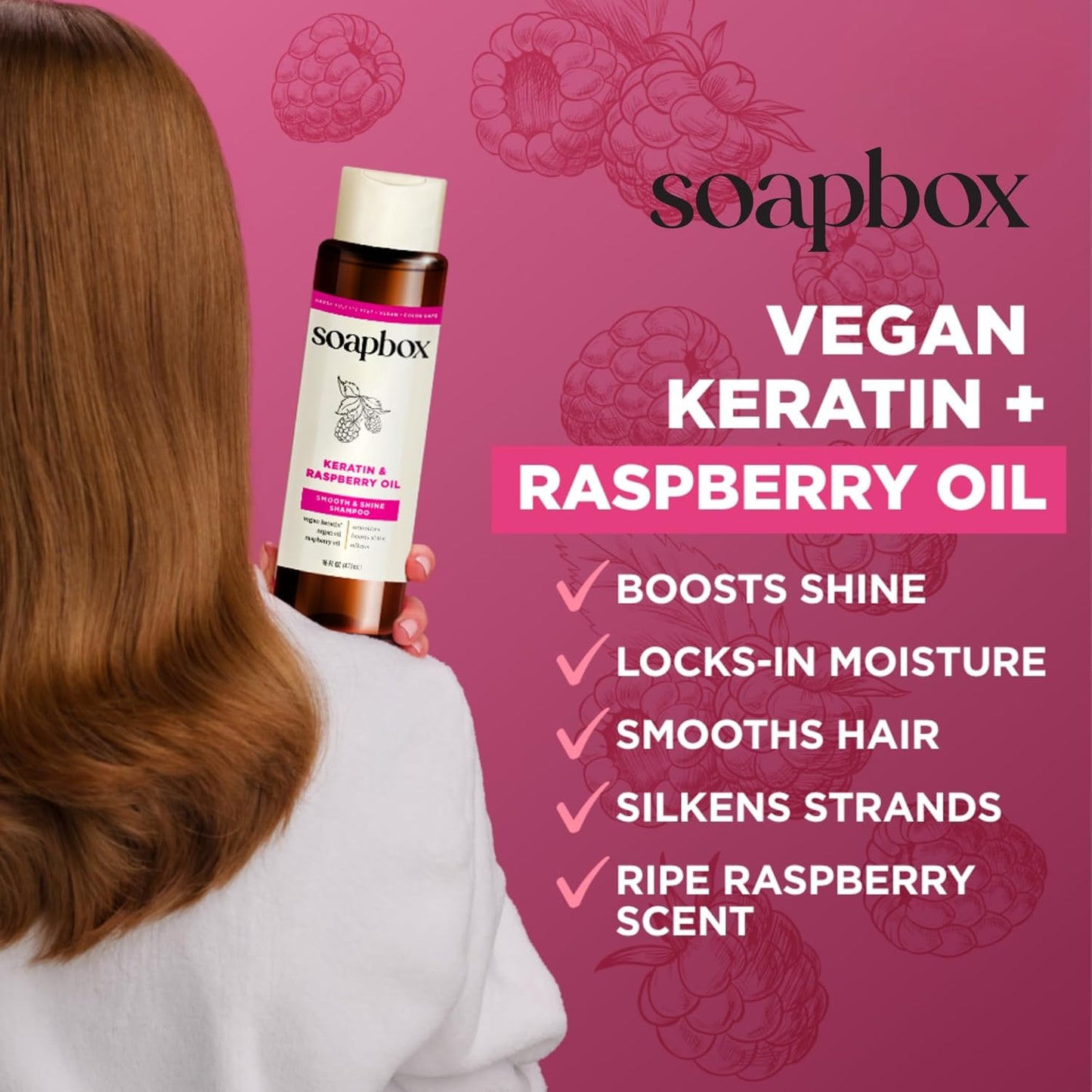 Keratin & Raspberry Seed Oil Shampoo & Conditioner Set - Shiny, Smooth Hair | 16 oz Each, Clean Ingredients