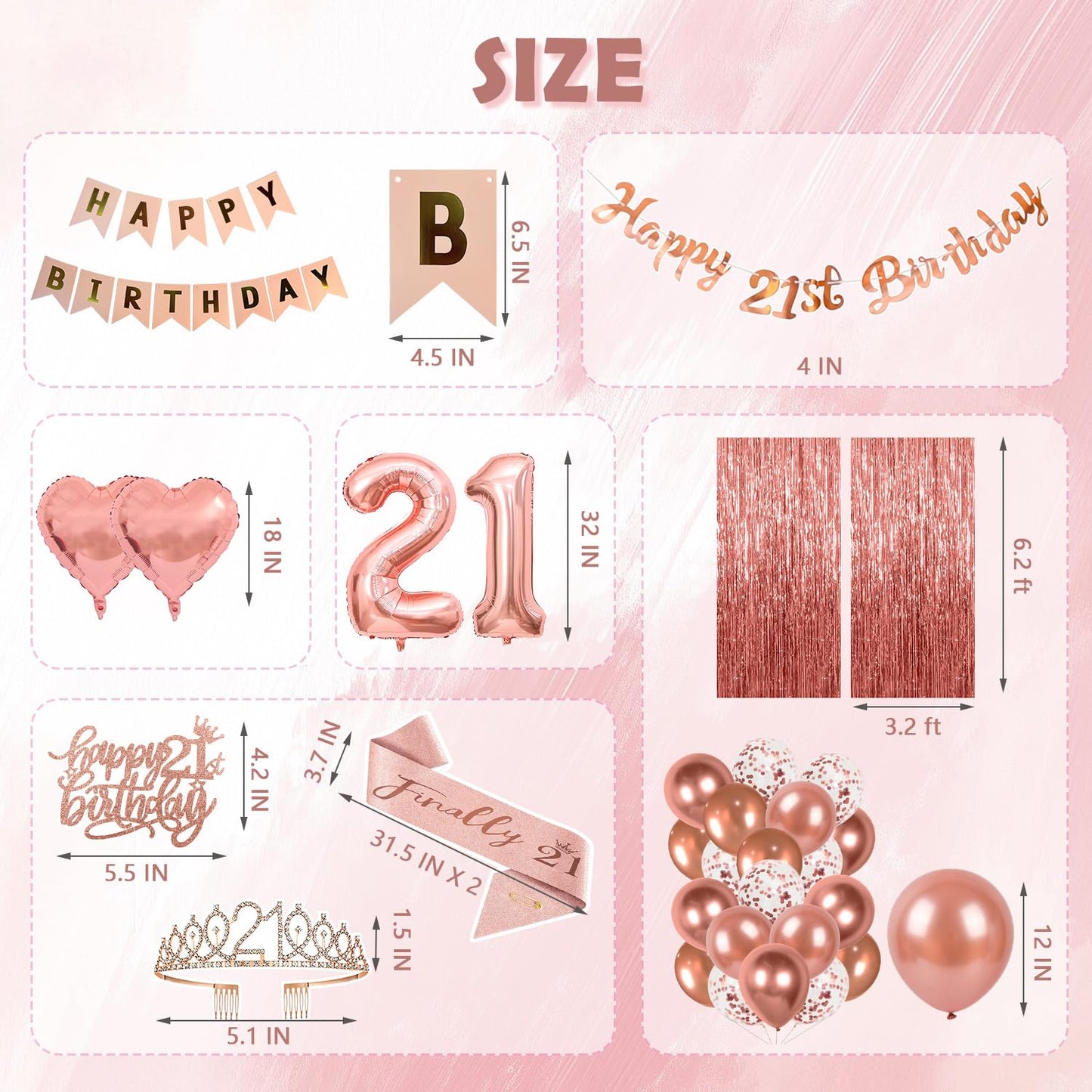YGSEPCC 21 Birthday Decorations for Her, Rose Gold 21st Birthday Party Supplies 36Pcs, Birthday Sash Crown Tassel Curtains Foil Number Balloons Banner Cake Topper, 21 Young Lady Birthday Decorations