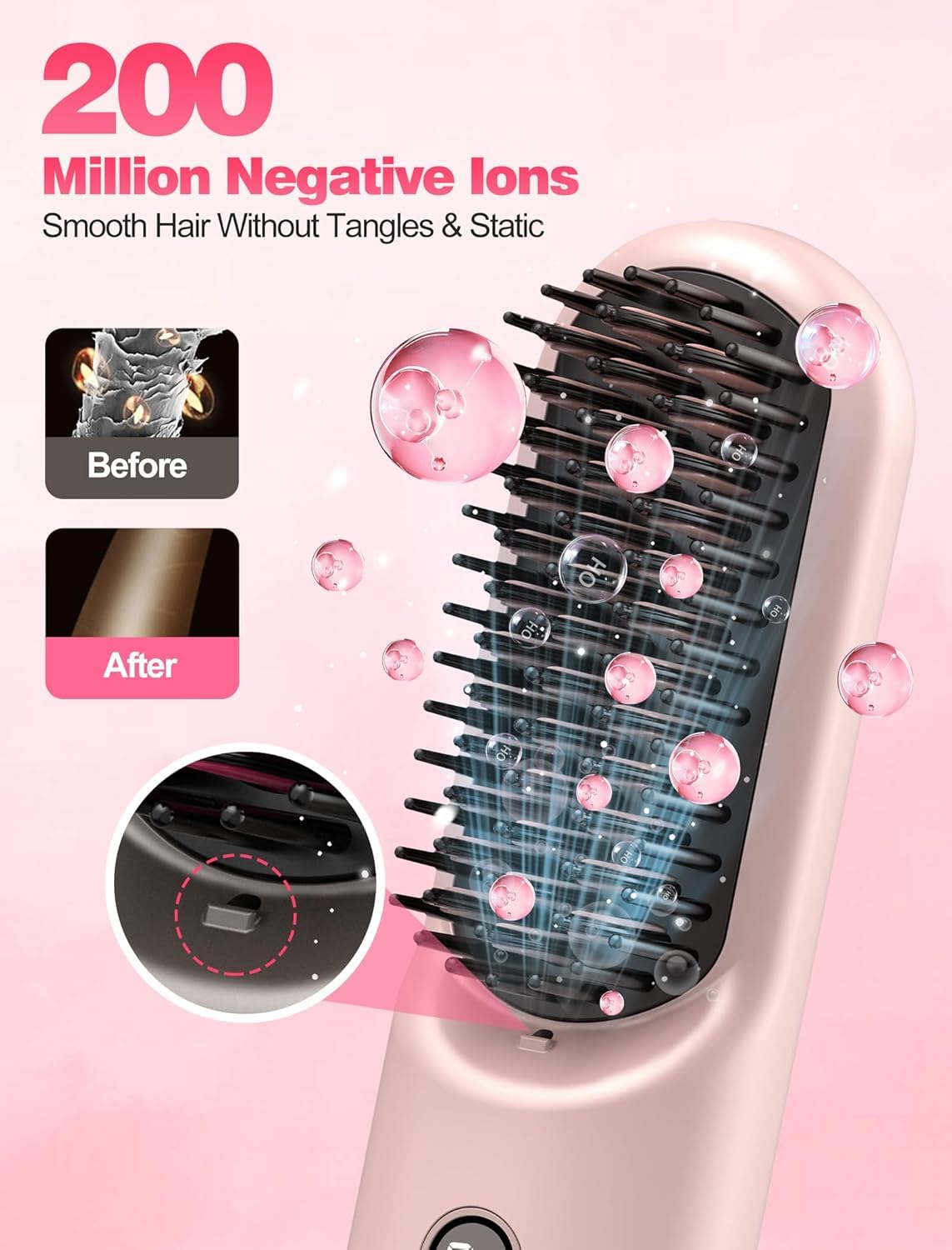 Cordless Hair Straightener Brush Go Brush Pro for Short Hair, Travel Hair Straightener with 20M Negative Ions, Rechargeable Straightening Brush, 30s Fast Heat, 12 Temp Settings, Anti-Scald, Pink