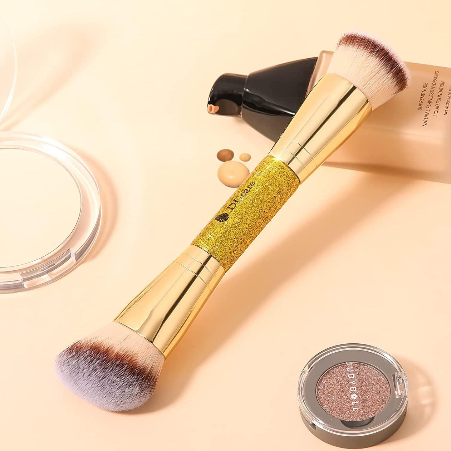 DUcare Dual End Foundation Brush - Professional Contour & Bronzer Tool for Liquid, Cream, & Powder Makeup | Gold Glitter Handle