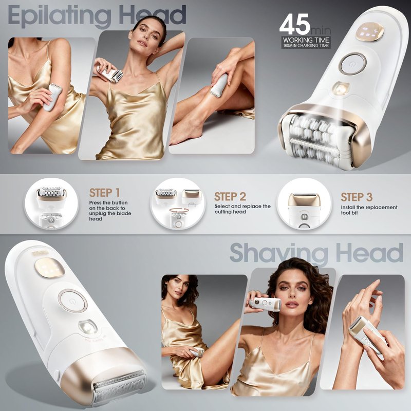 DSP 4-in-1 Women's Grooming Kit: Electric Shaver & Trimmer, Gentle Epilator Head, Fast Charging, with Accessories - Ideal for Home & Travel
