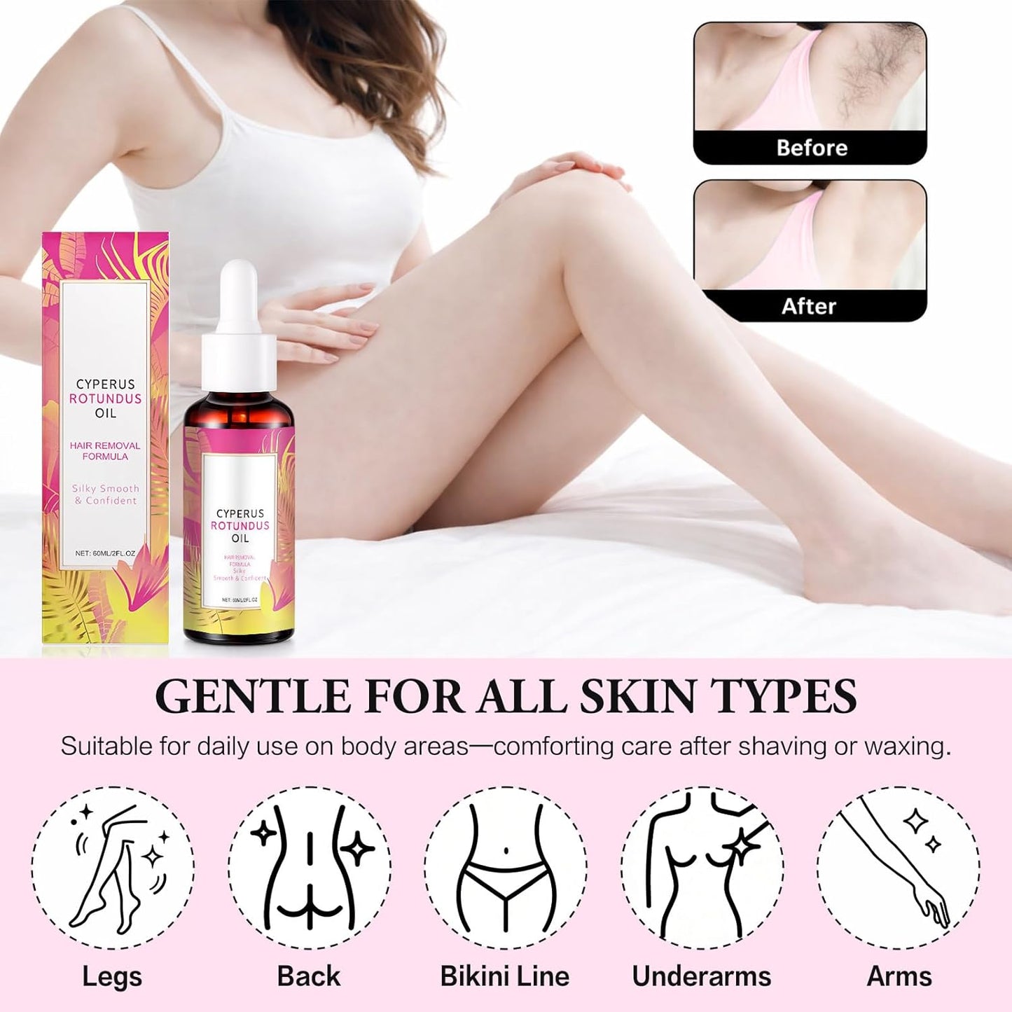 Cyperus Rotundus Oil for Hair Removal - 60ml Natural Moisturizing & Soothing Oil with Jojoba & Tea Tree for All Skin Types