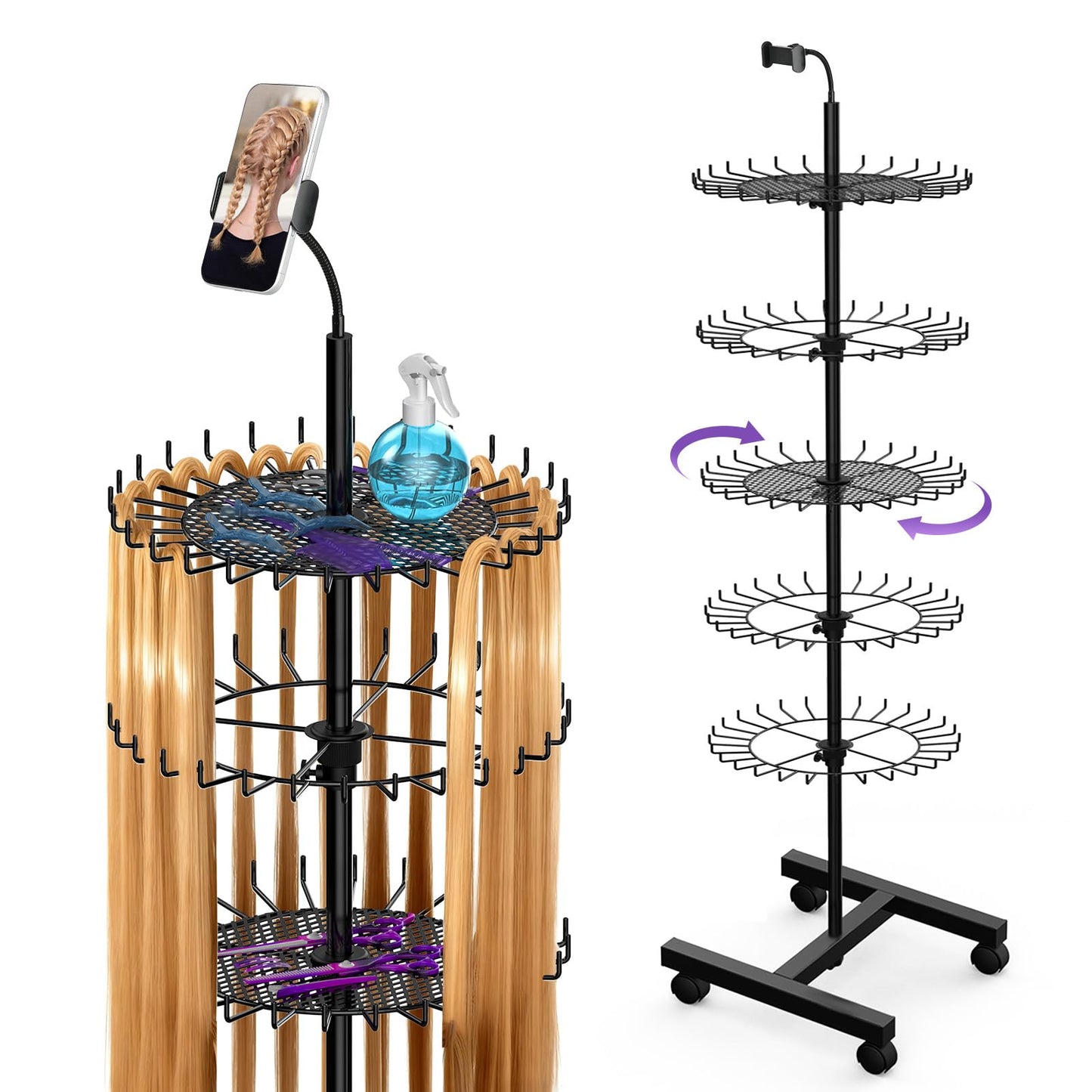 Braiding Hair Rack - Hair Racks for Braiders Standing With Tray and Wheels,140 Pegs Divider Stand & With Phone Holder Adjustable Rotation Hair Stand for Hair Stylist / Salon / Home User (Black)