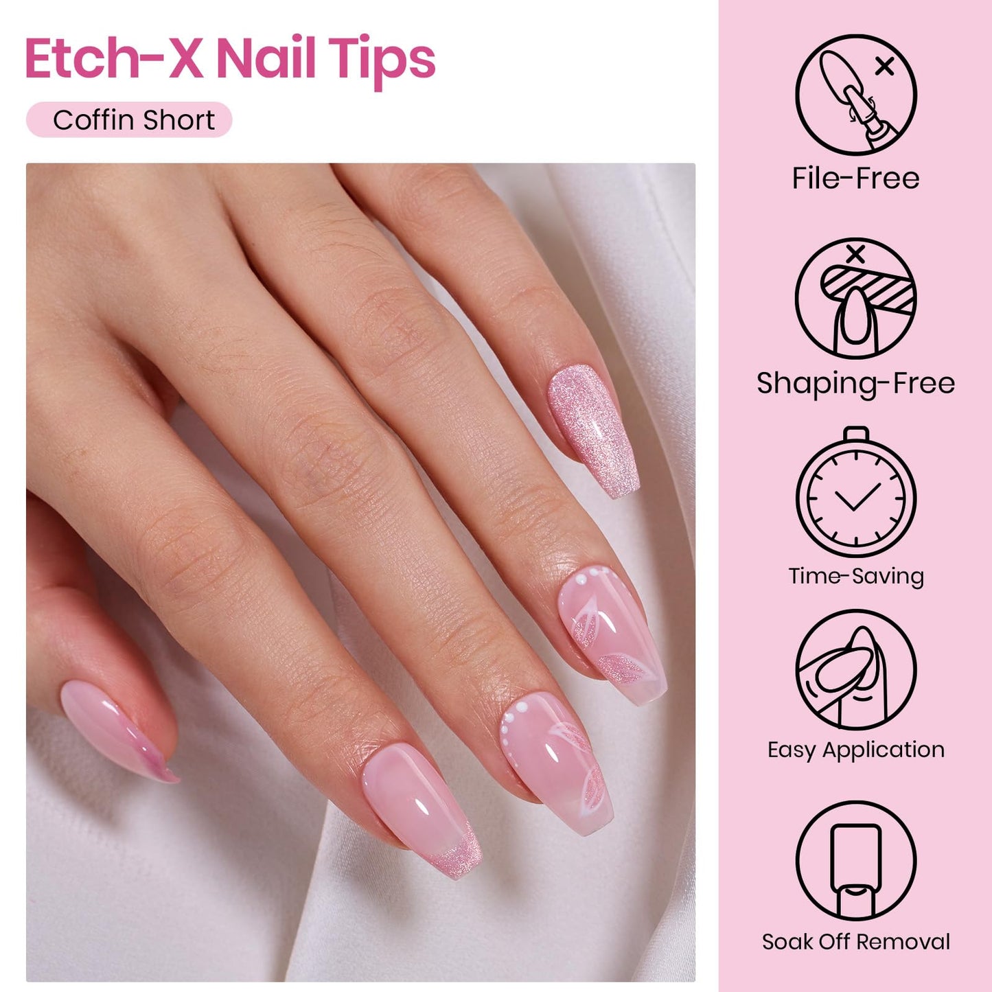 Beetles Gel Nail Tips Etch-X- Coffin Short, 384pcs 12 Sizes, Pre-Etched Half Matte Full Cover Soft Gel Nail Tips, Press on False Nail Extension Acrylic Fake Nails, Easy DIY Salon Art