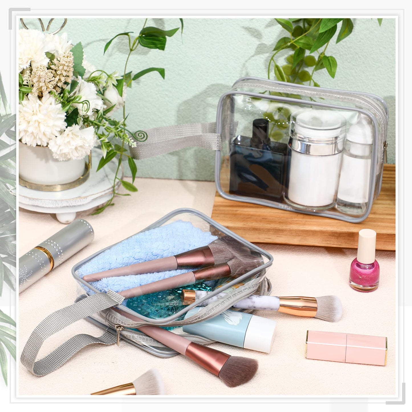 Silkfly 24 Pack Gray Clear Toiletry Bag PVC Travel Cosmetic Bag with Handle Strap Makeup Pouch with Zipper for Women Summer Vacation Salon Teacher Gift