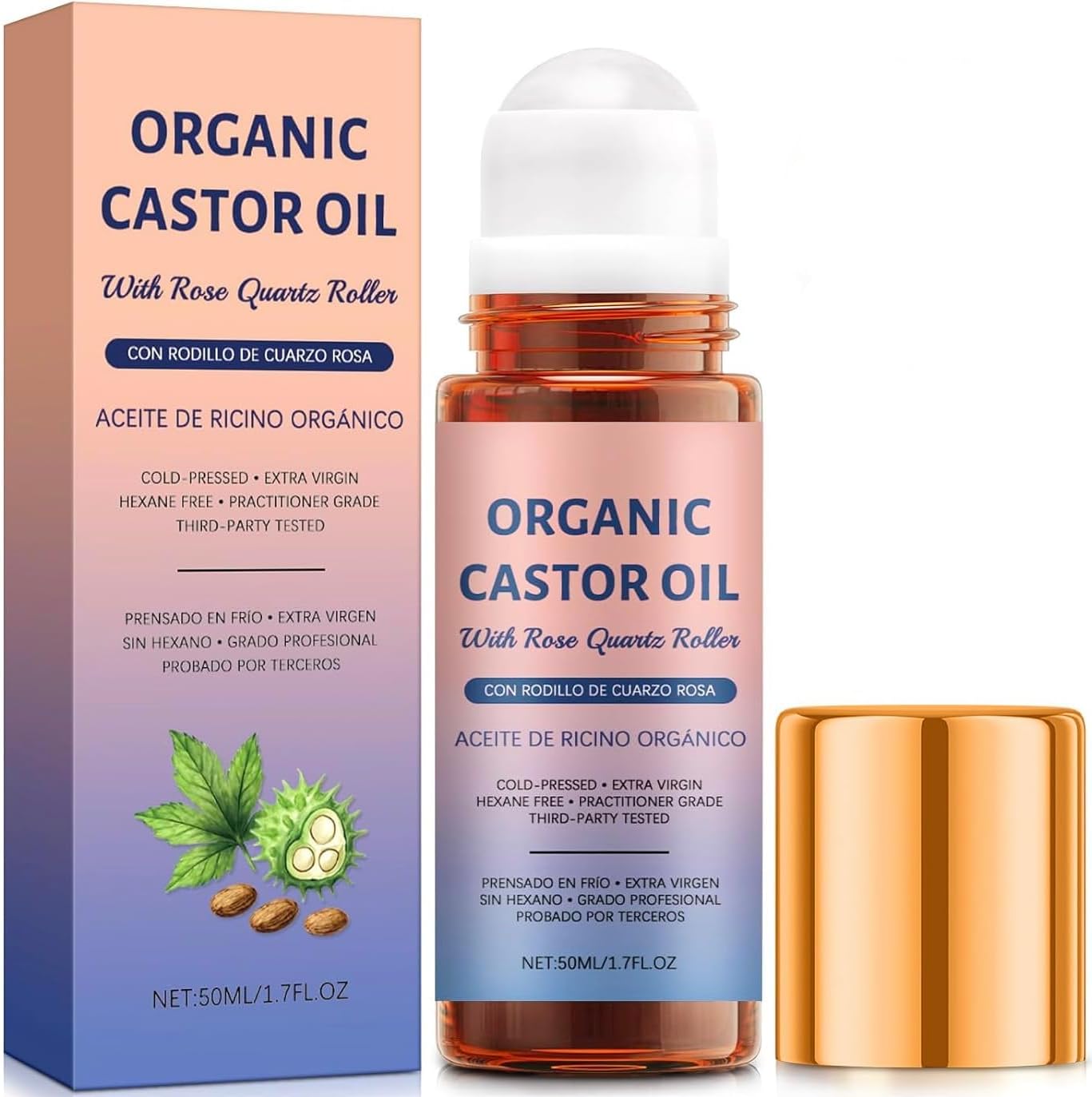 Organic Castor Oil with Rose Quartz Roller - 100% Pure Cold-Pressed | Hexane-Free 1.7oz Amber Glass Bottle for Skin