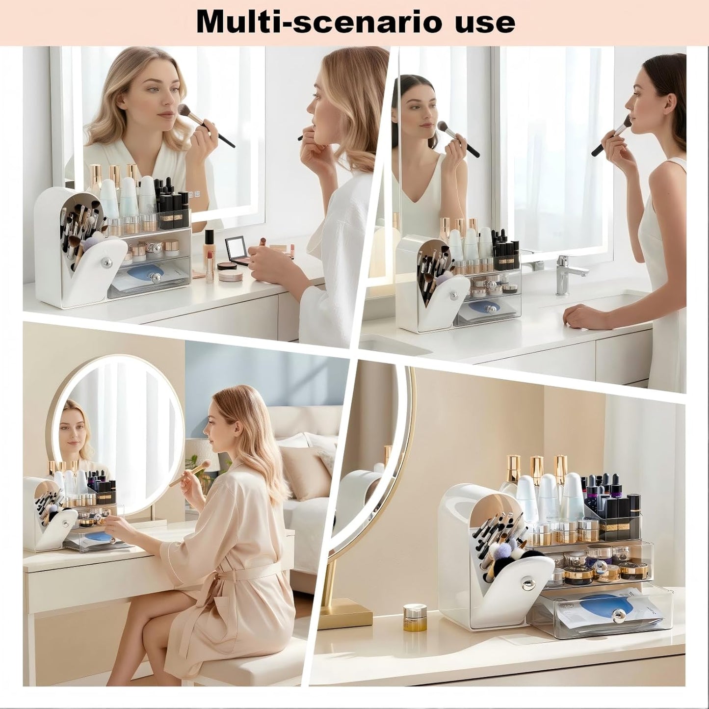 Makeup Organizer for Vanity - Large White Storage with Covered Brush Holder & Drawer | Bathroom & Skin Care Organizer