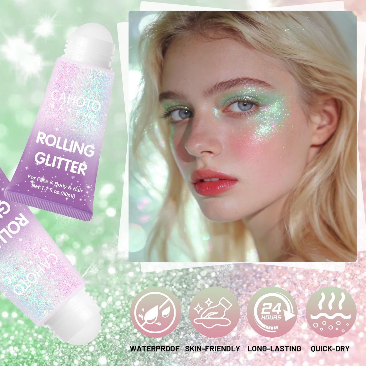 CAHOTO Pastel Rolling Glitter, Shimmer Gel for Face Body & Hair, Sparkling Holographic Roll-on Sequins for Singer Concert Rave Festival Halloween Party Carnival, 1.7 fl.oz.