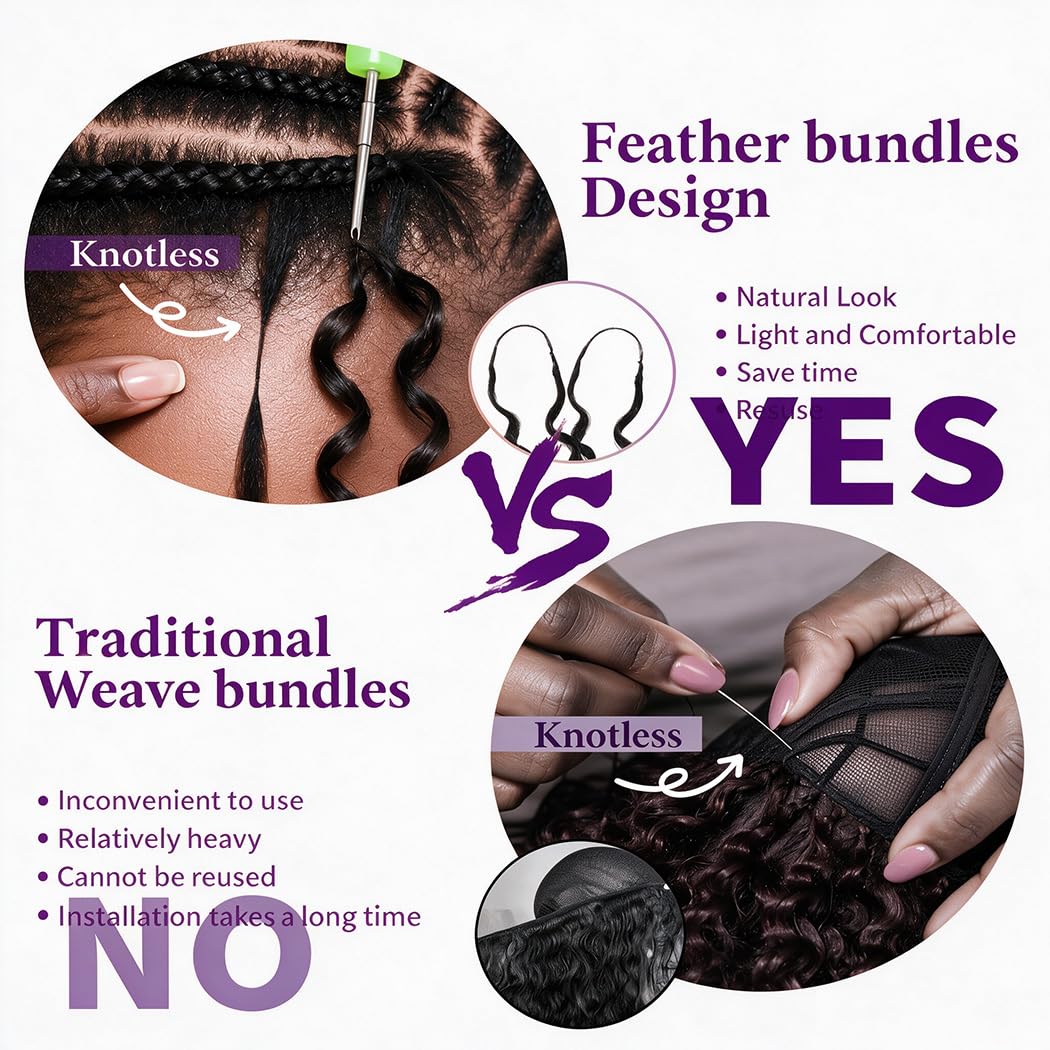 Burmese Curly Crochet Human Hair 16 Inch 60g 16A Raw Feather Crochet Human Hair Miracle Knots Pre‑Separated Lightweight Reusable Burmese Curly Hair Extensions 100% Virgin Human Hair Natural Black