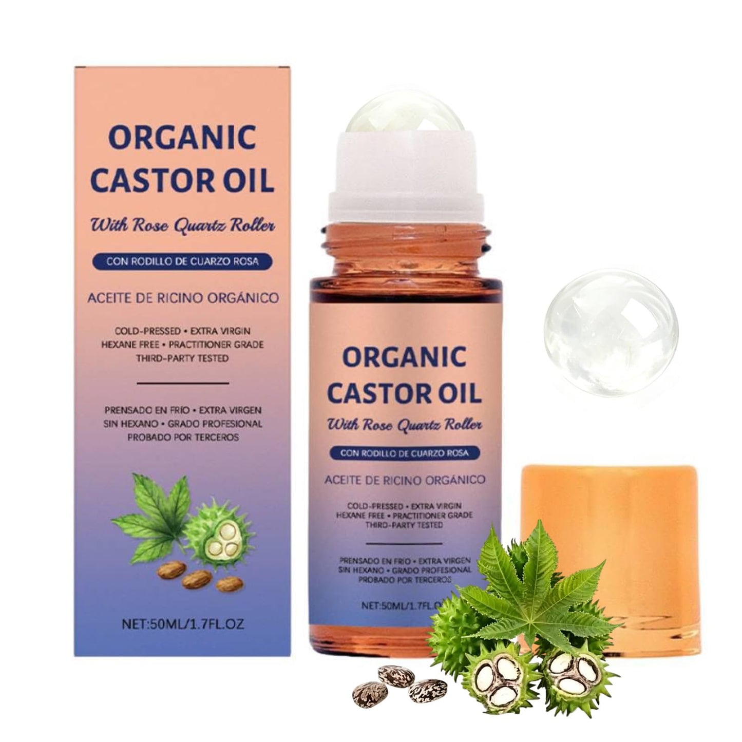 Organic Castor Oil Roll On with Rose Quartz Roller,100% Cold Pressed Moisturizing Oil,for Face,Body, Neck & Under Eye Care, Smooth-Glide Massage Roller, 50ml / 1.7 fl oz