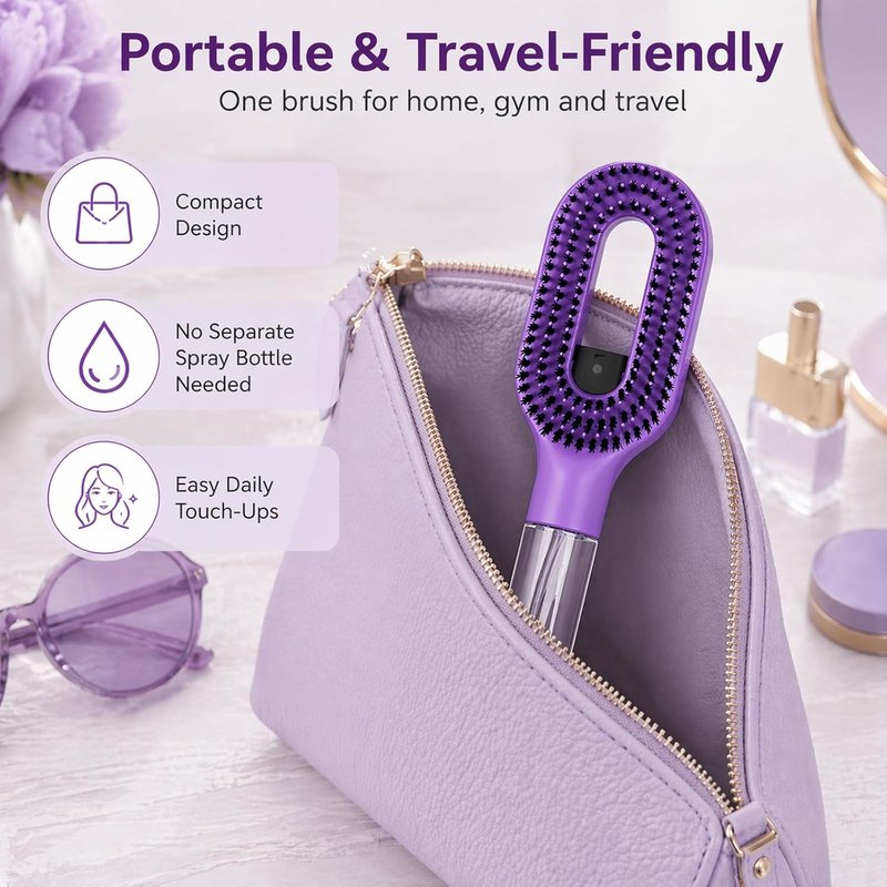Misting Hair Brush - 2-in-1 Detangling Hairbrush with Spray & Refillable Reservoir | Anti-Frizz for Curly & Thick Hair (Purple)