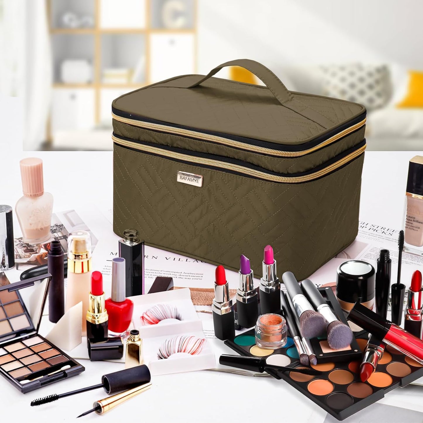 Double Layer Travel Makeup Bag With Mirror - 8.8L Large Cosmetic Organizer for Women | Brown