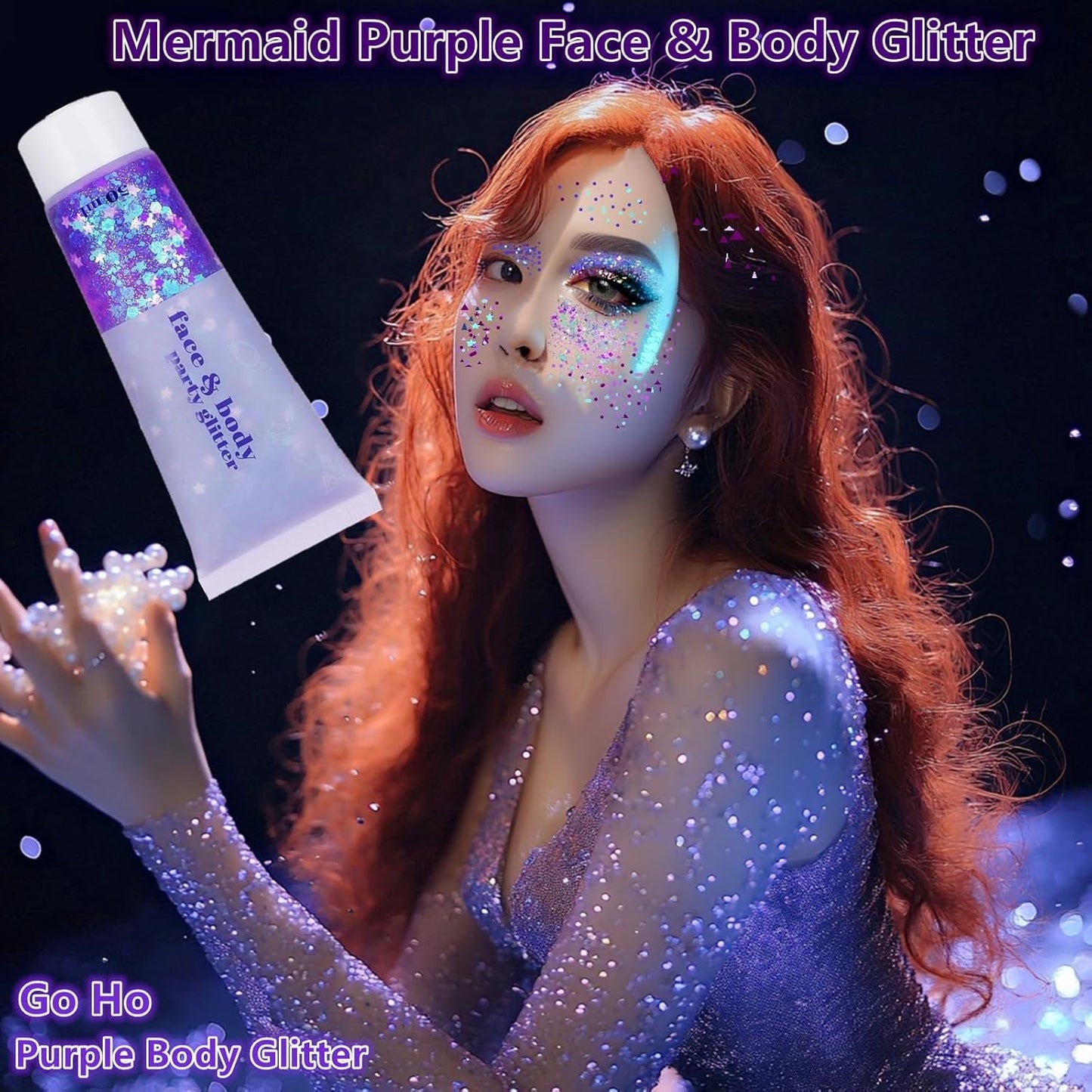 Go Ho Mermaid Purple Face Body Glitter Gel,Holographic Purple Hair Glitter for Kids&Women,Chunky Sequins Glitters for Eye Lip Nails,Festival Rave Hair Accessories