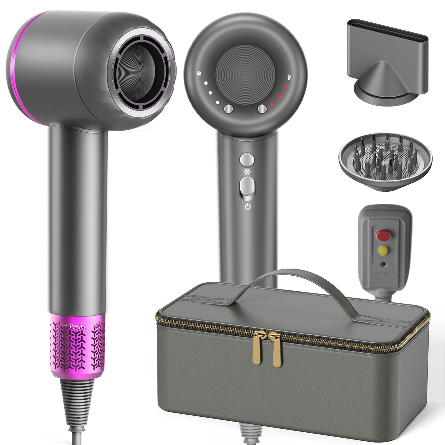 NUTROMO Hair Dryer with Carry Case, 3 Min Fast Drying-160000 RPM Professional High-Speed Ionic Blow Dryer 200 Millions Negative Ionic, Low Noise Hairdryer with Diffuser Nozzle for Home&Travel, Gray