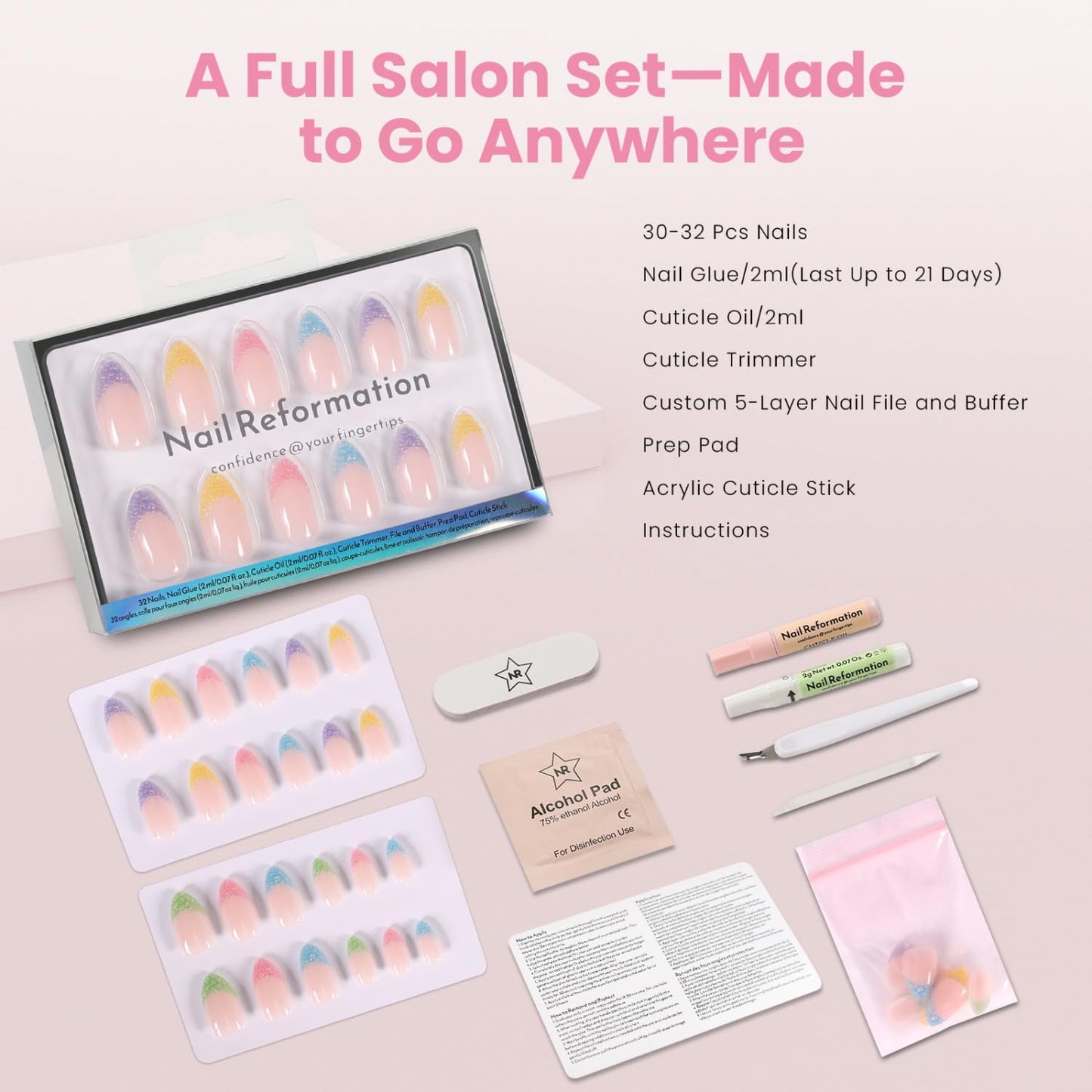 Nail Reformation Press On Nails, Non-Pareil | Nude Short Almond Fake Nails with Pastel 3D Caviar French Tip, Sprinkle Look Reusable Stick On Nails Kit - 32 Pcs in 16 Sizes, Manicure Gifts for Women