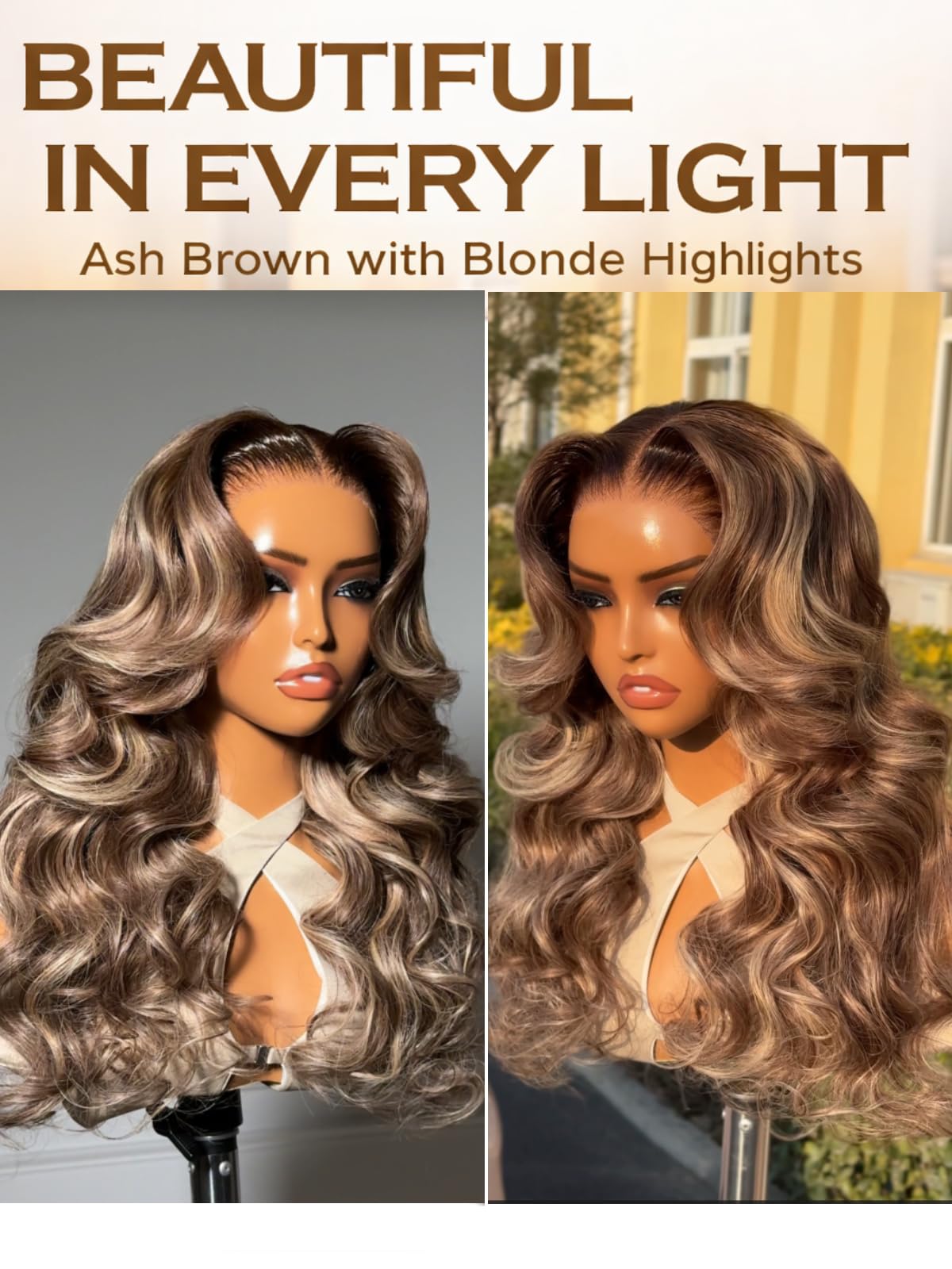 UNICE 13x4 Lace Front Wig Human Hair Body Wave,Pre-Everything Glueless Wig Pre-Plucked Pre-Cut,Ash Brown Blonde Highlight Wavy Drawstring Wig, Face Framing Layers,No Slip,Ready to Wear 16 inch