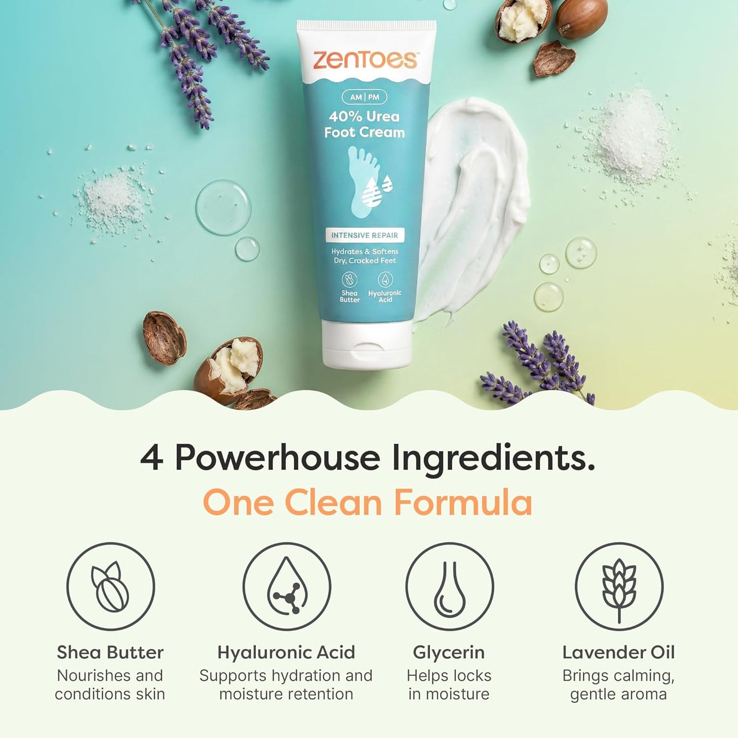 Urea Foot Cream 40% - Softens Dry Cracked Heels & Calluses | Gentle Exfoliating Lavender Cream | 5oz
