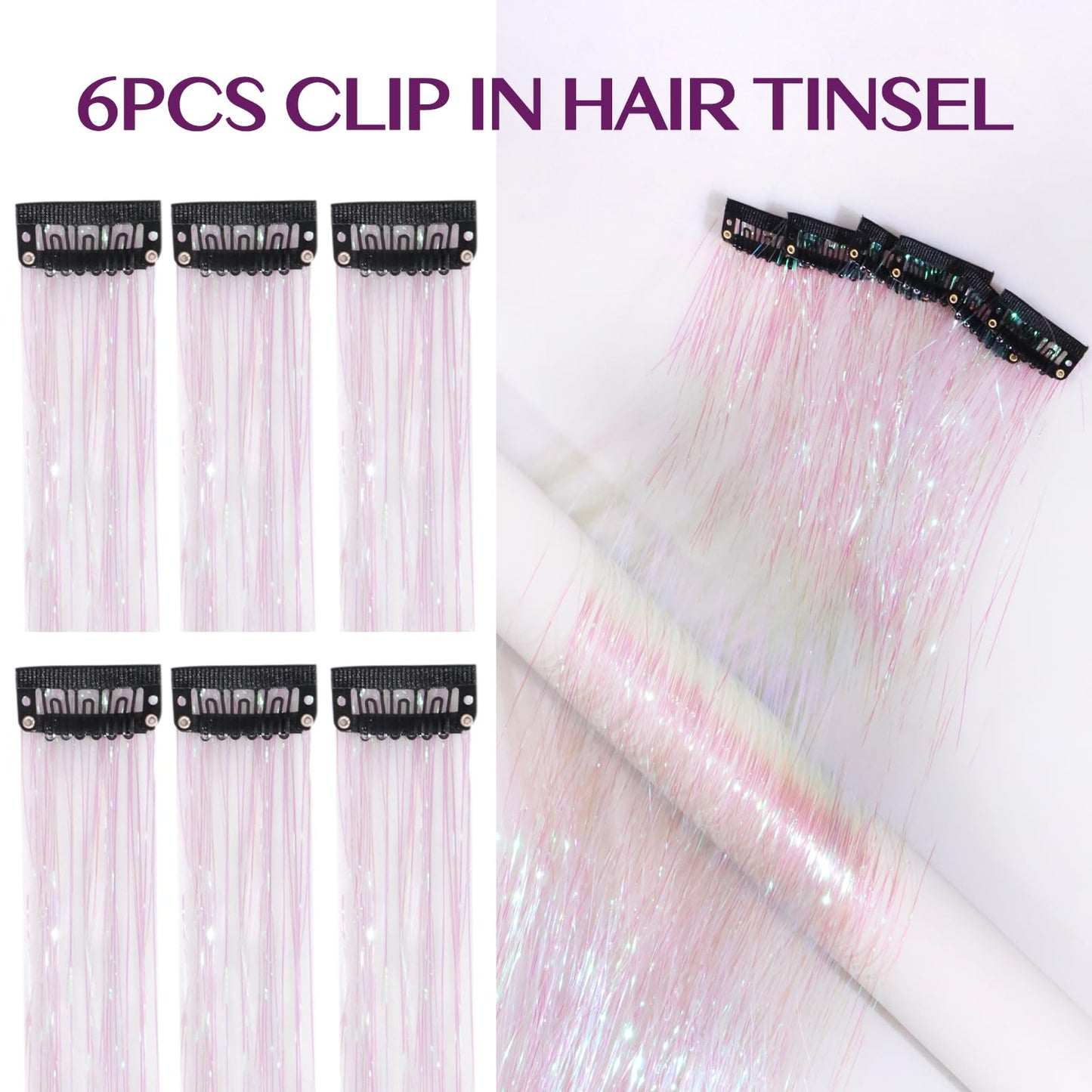 IDN BEAUTY Hair Tinsel Clip in, Sparkling Tinsel Hair Extensions 3s Wear and Go for Party Daily Travel Birthday, 24Inch Hair Tinsel Accessories for Girls Women Kids