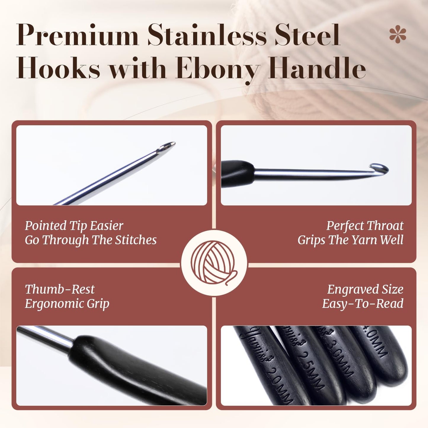 Artisan Stainless Steel Crochet Hooks Set - 2.0-4.0mm Handmade Needles with Ebony Handle for Beginners | Perfect Gift for Crocheters