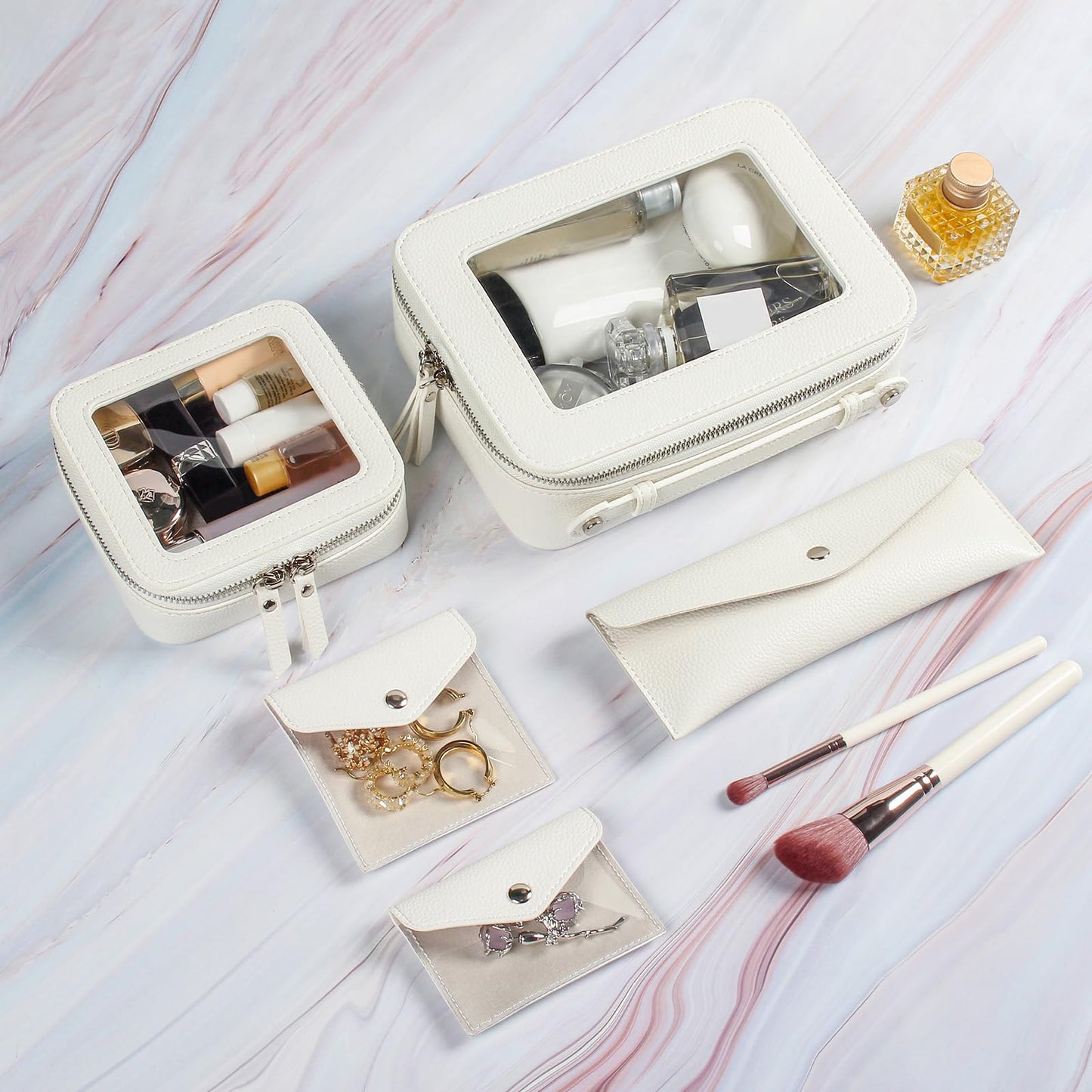 EcoVision Clear Makeup Bag, Travel Cosmetic Accessory Bag, Toiletry Organizer Bags for Women, Portable Waterproof Zipper Cosmetic Bag with Transparent Window, White