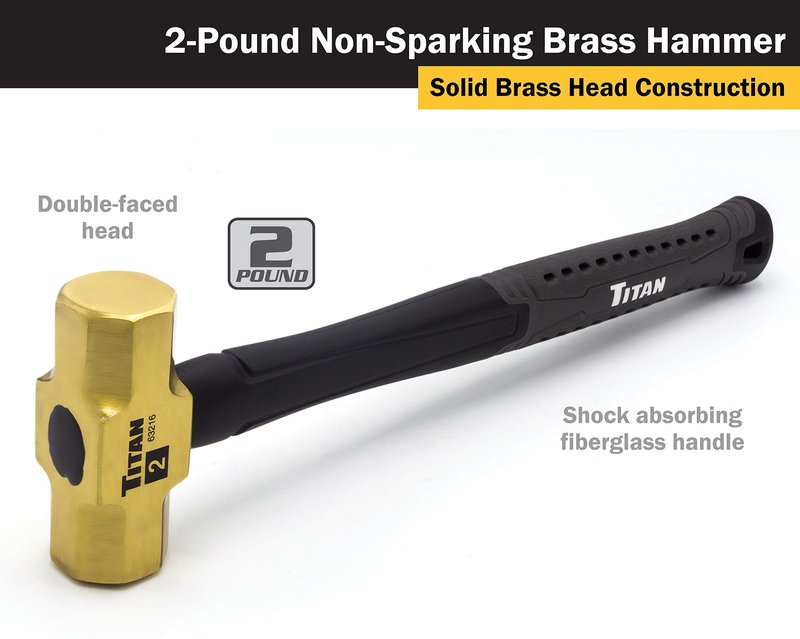 Titan 63216 2lb Solid Brass Hammer, Spark Resistant, Prevents Marring on Steel & Iron Surfaces, Overstrike Protection, 14.5" Shock Absorbing Fiberglass Handle with Textured Grip