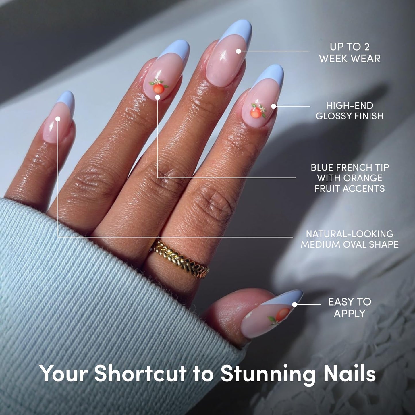Glamnetic Press On Nails - Medium Oval Blue French Tip Nails | Salon Quality Summer Design | 15 Sizes - 30 Nail Kit with Glue