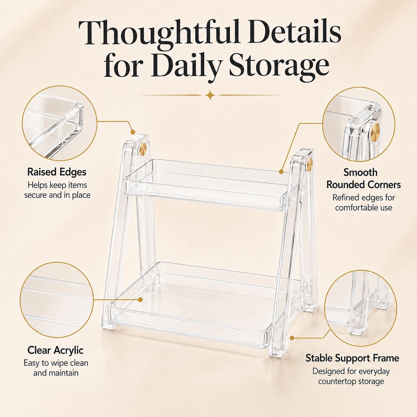 UFORU Clear Acrylic Bathroom Counter Organizer, 2-Tier Foldable Perfume Organizer Shelf for Makeup, Skincare, Beauty Products, Vanity, Dresser, Bedroom and Desk